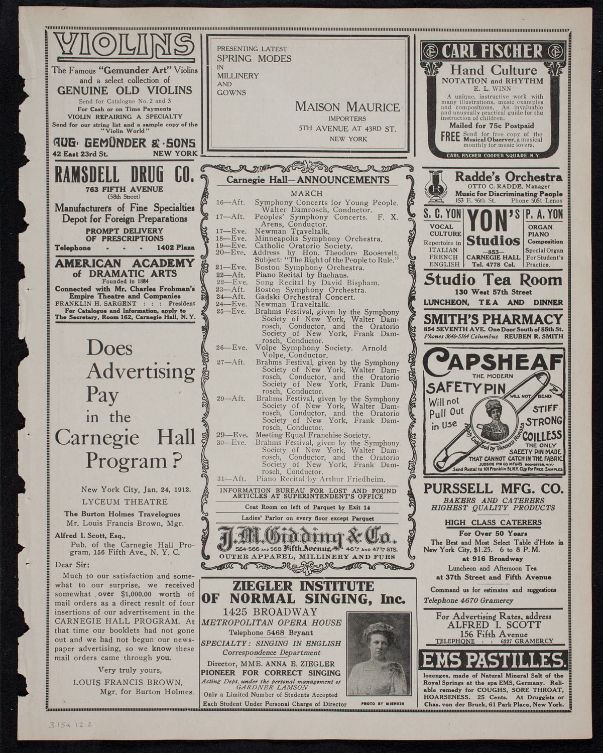 New York Philharmonic, March 15, 1912, program page 3