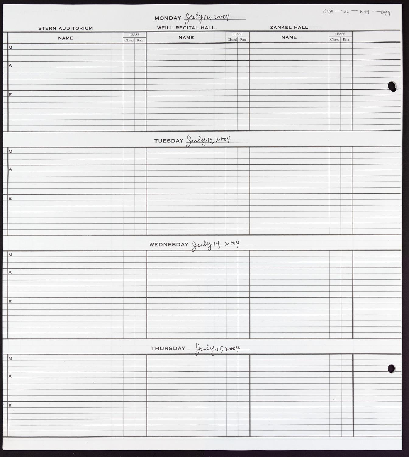 Carnegie Hall Booking Ledger, volume 49, page 94