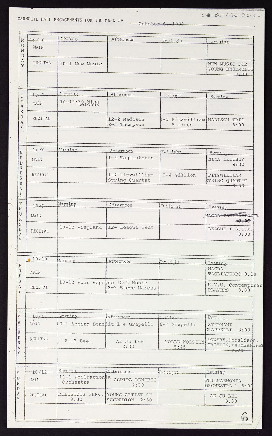 Carnegie Hall Booking Ledger, volume 26, page 12a