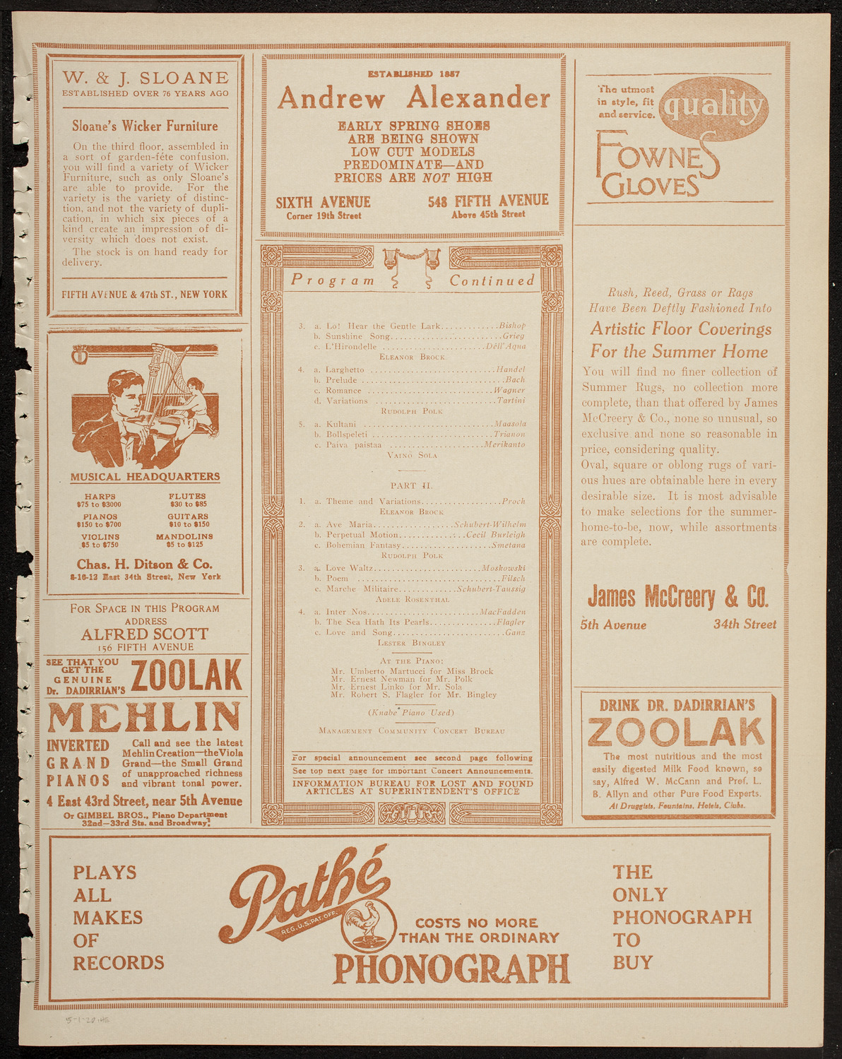 Rudolph Polk, Violin, Eleanor Brock, Soprano, Adele Rosenthal, Piano, Lester Bingley, Baritone, and Vaino Sola, Tenor, May 1, 1920, program page 7