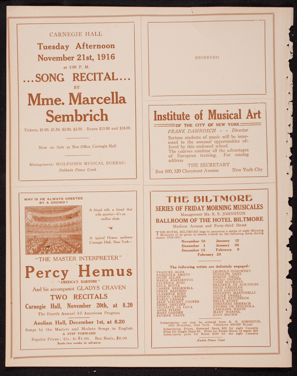 Alma Gluck, Soprano, November 11, 1916, program page 2