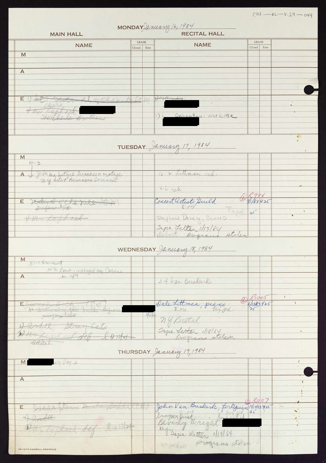 Carnegie Hall Booking Ledger, volume 29, page 44