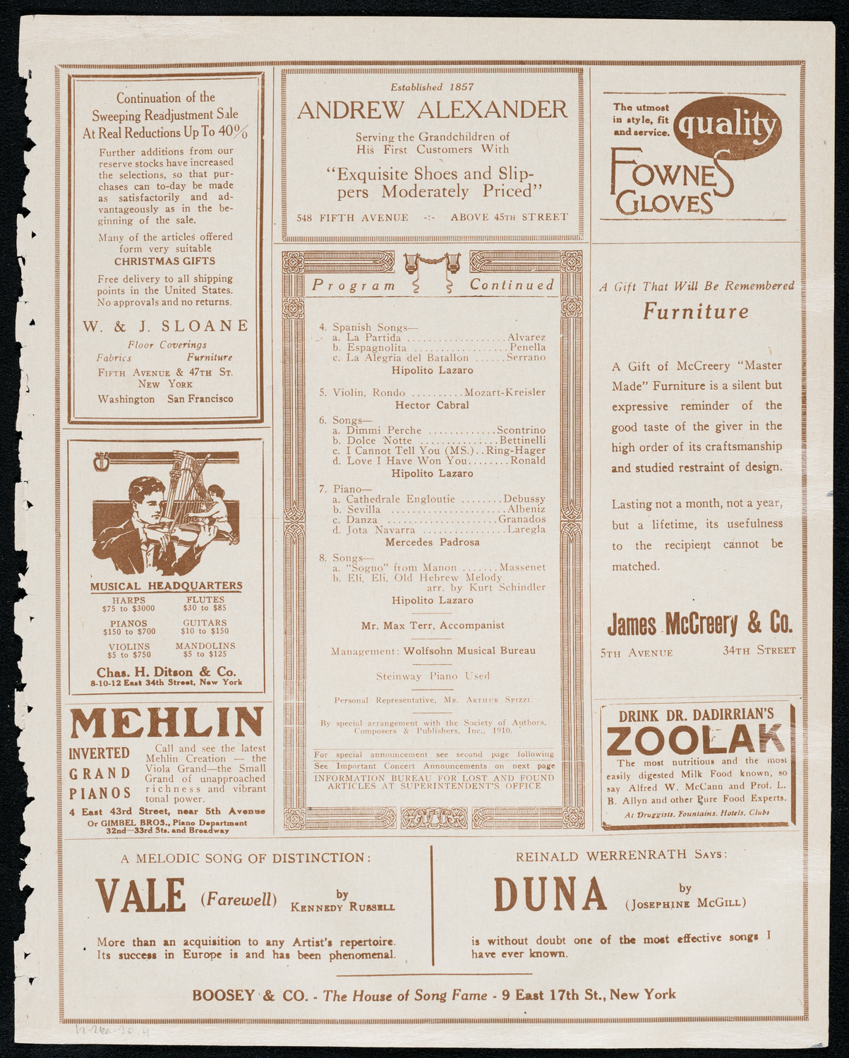 Hipolito Lazaro, Tenor, assisted by Mercedes Padrosa, Piano, and Hector Cabral, Violin, December 26, 1920, program page 7