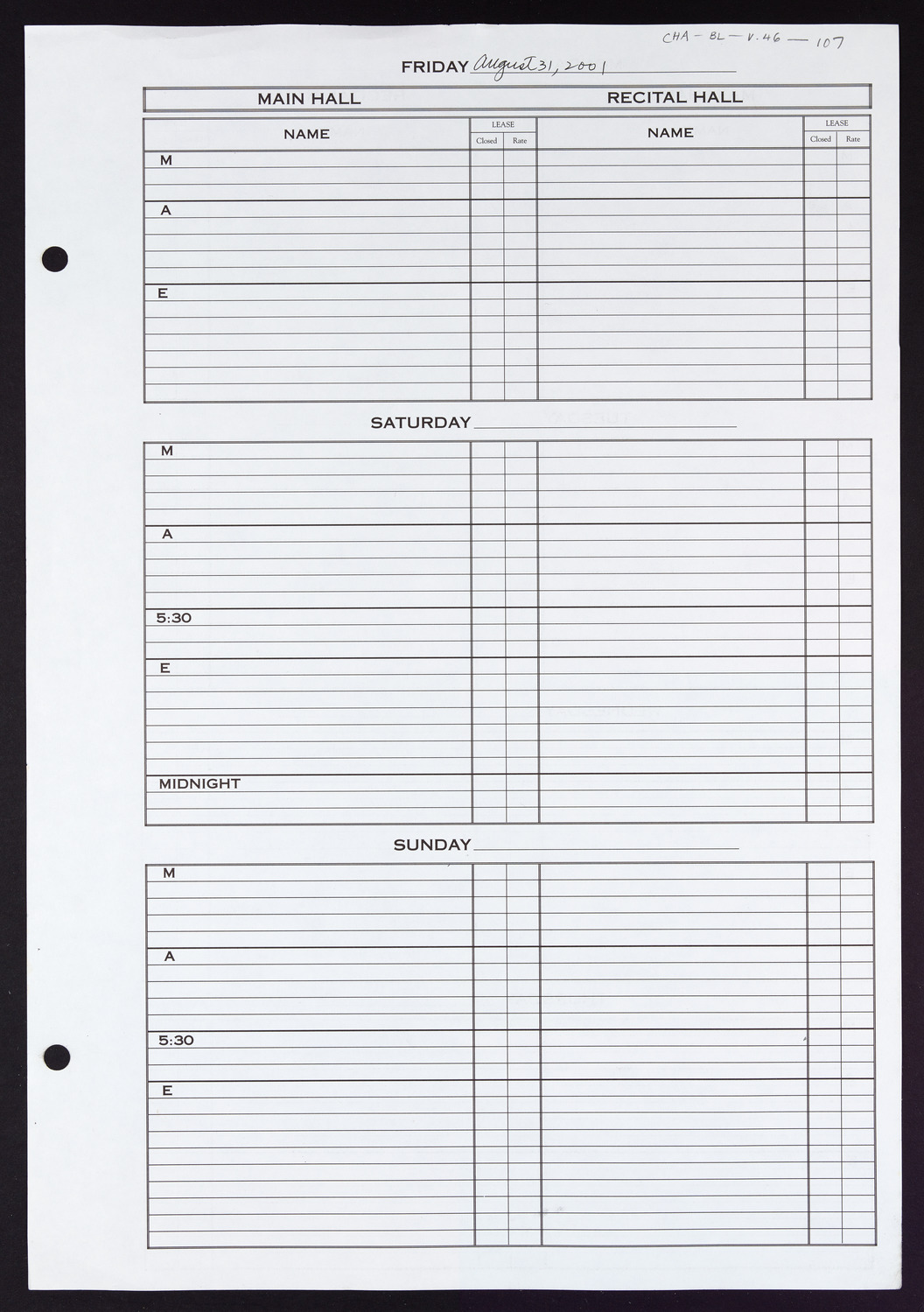 Carnegie Hall Booking Ledger, volume 46, page 107