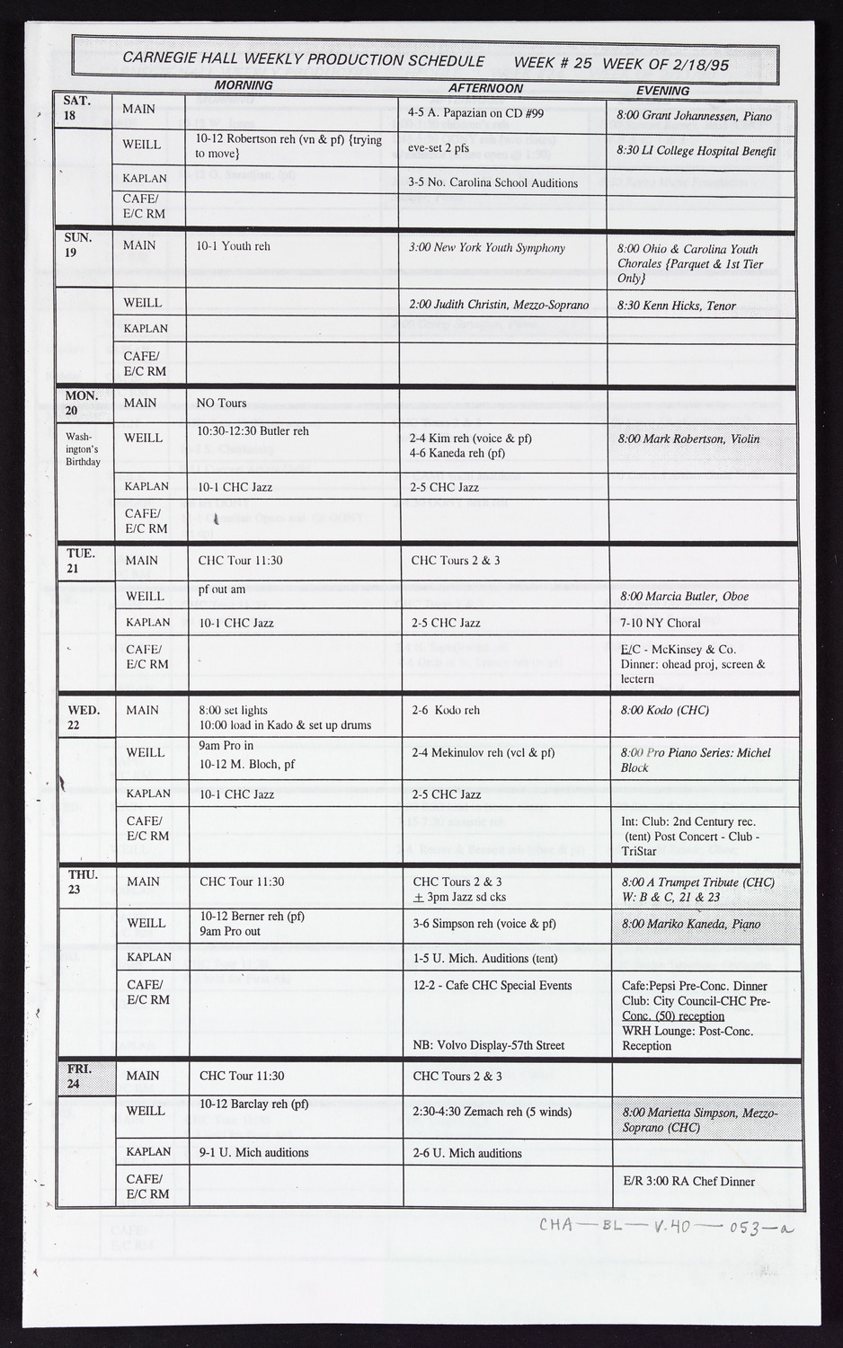 Carnegie Hall Booking Ledger, volume 40, page 53a