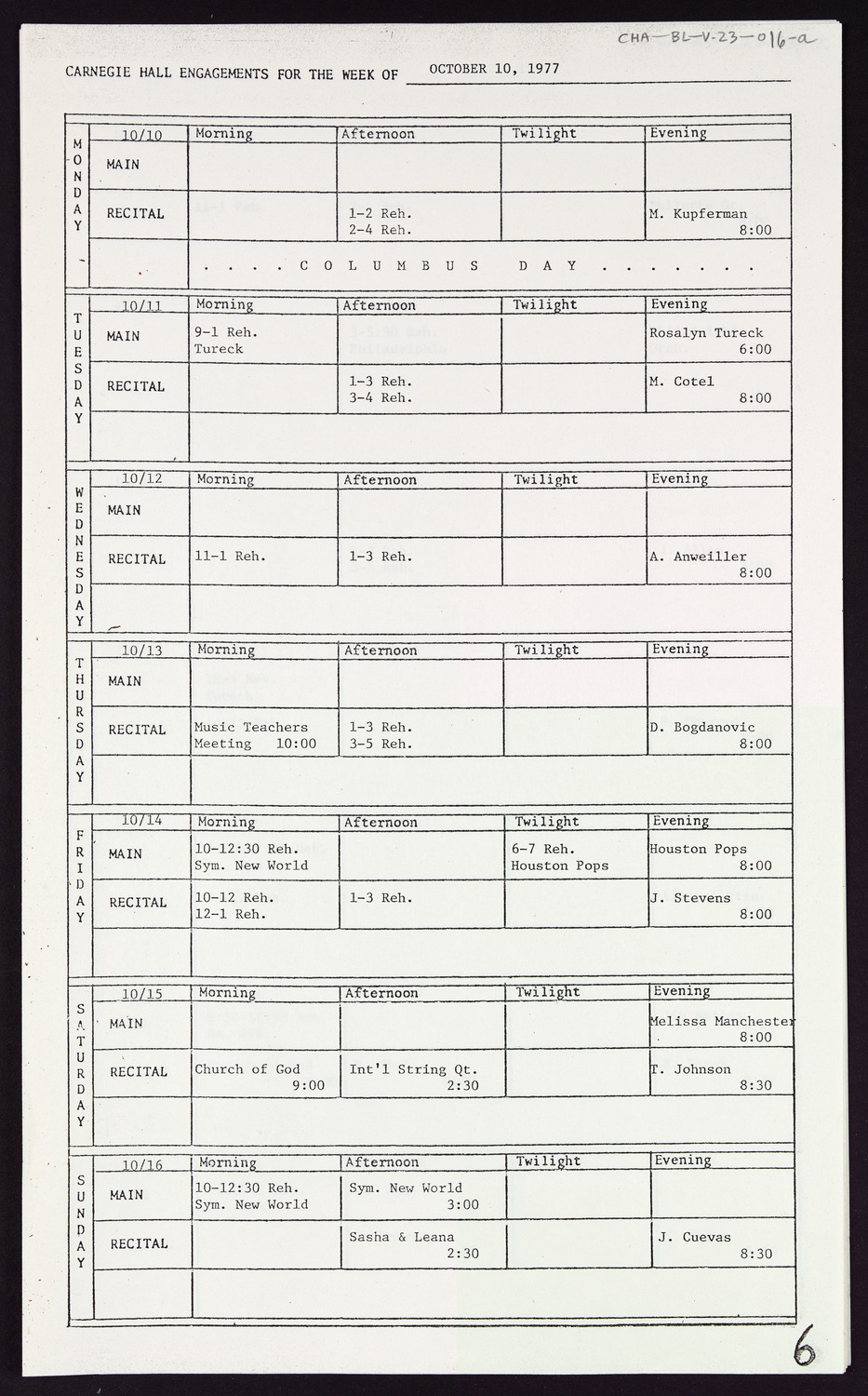 Carnegie Hall Booking Ledger, volume 23, page 16a