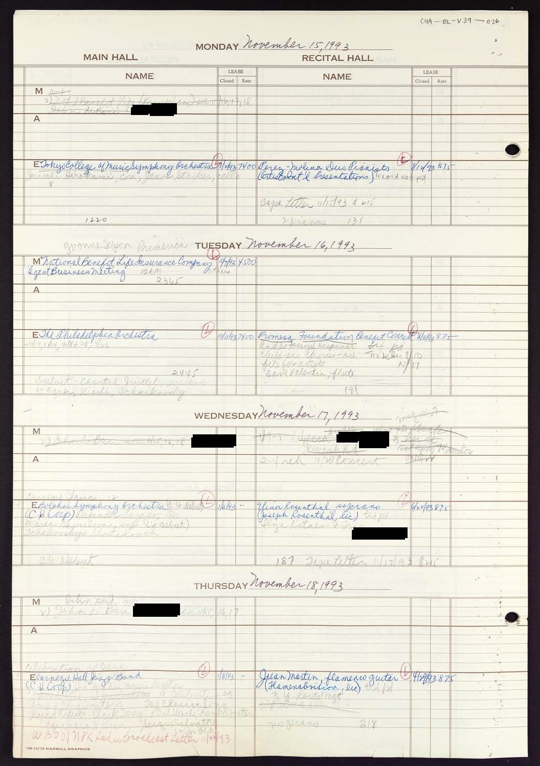 Carnegie Hall Booking Ledger, volume 39, page 26