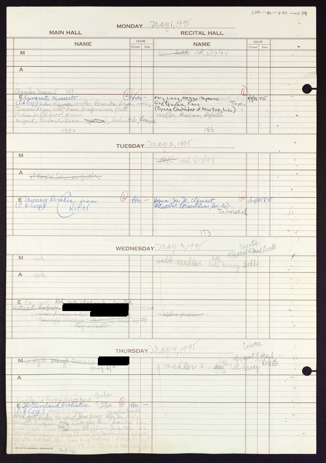 Carnegie Hall Booking Ledger, volume 40, page 74