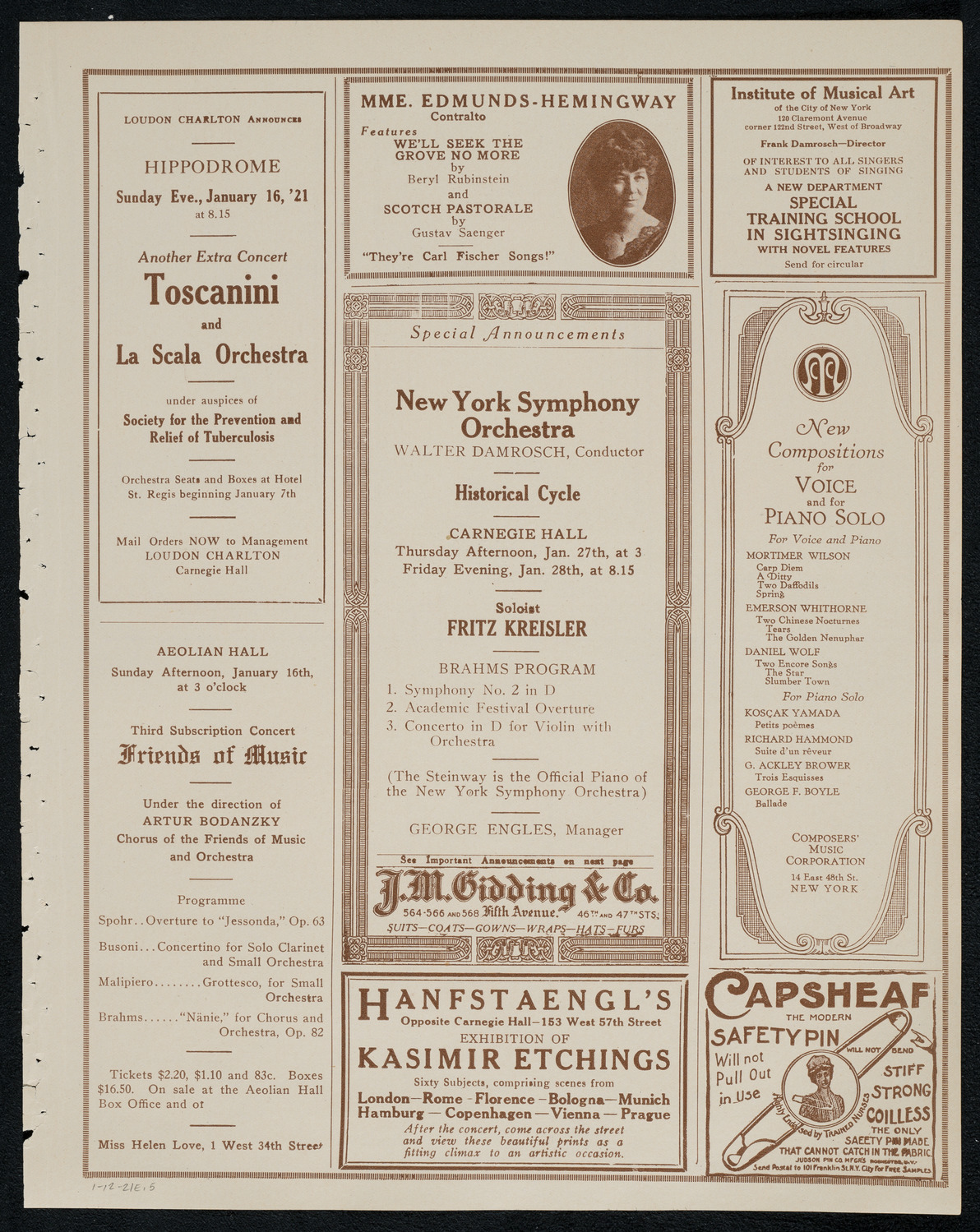 Schola Cantorum of New York, January 12, 1921, program page 9