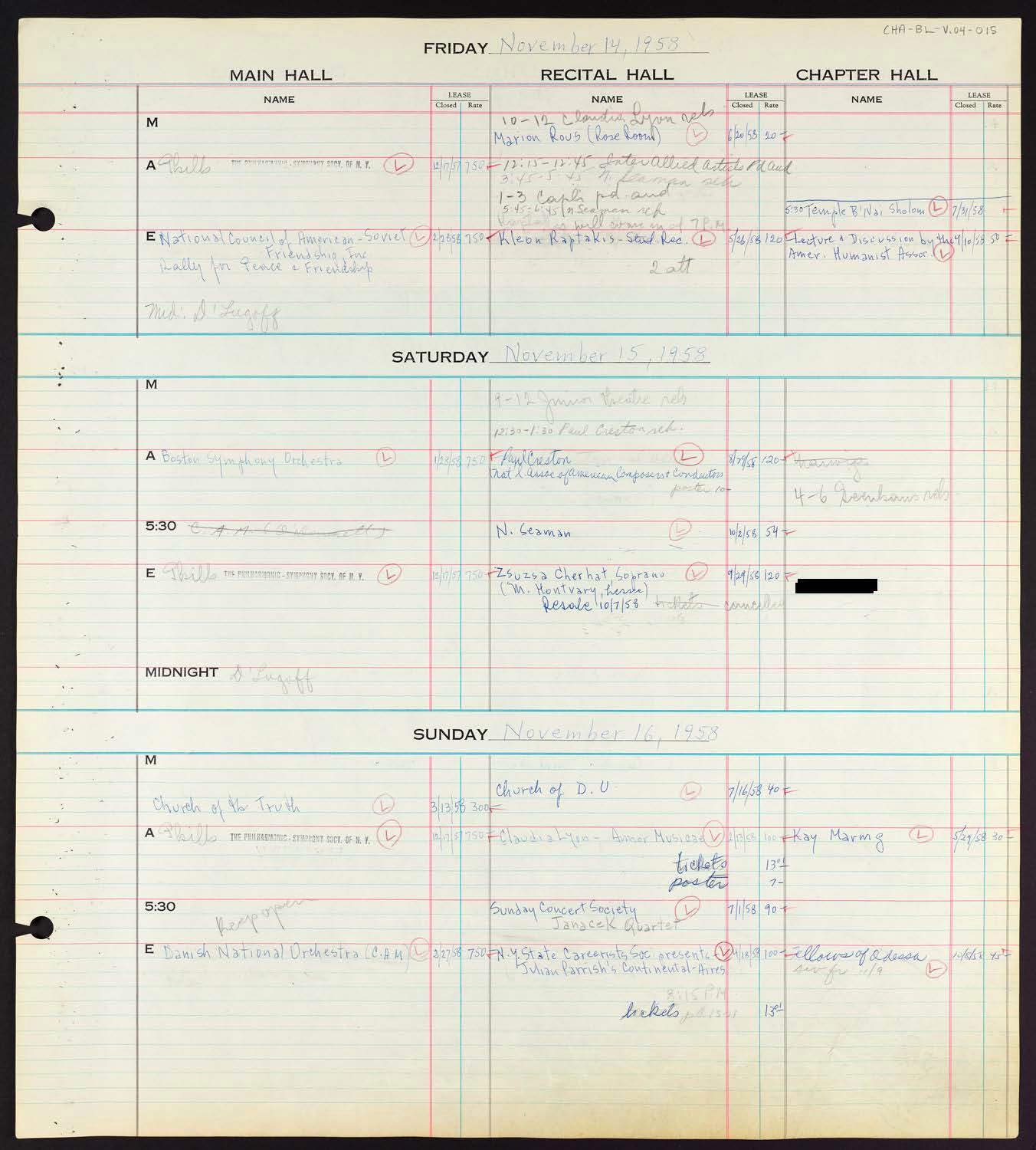 Carnegie Hall Booking Ledger, volume 4, page 15