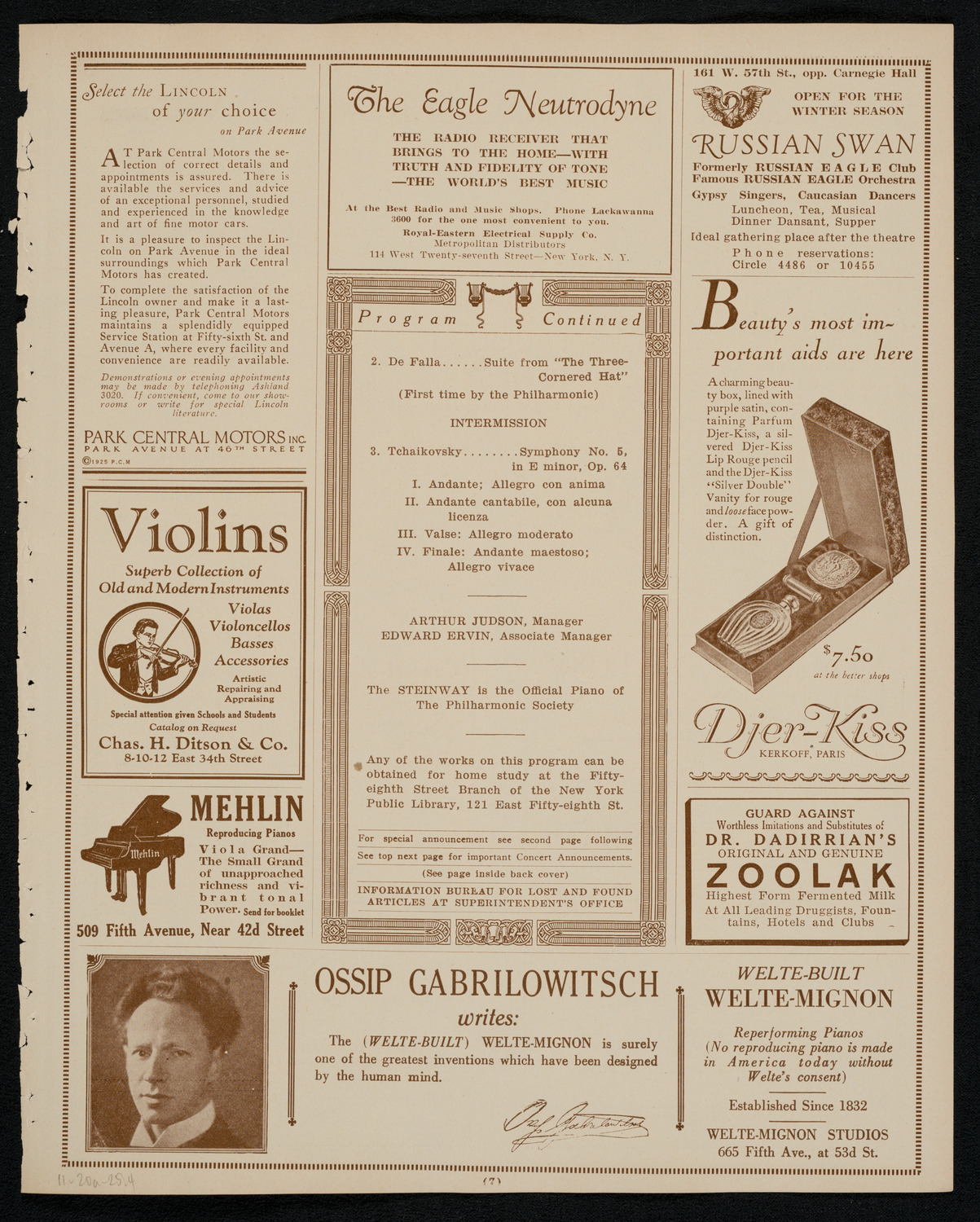 New York Philharmonic, November 20, 1925, program page 7