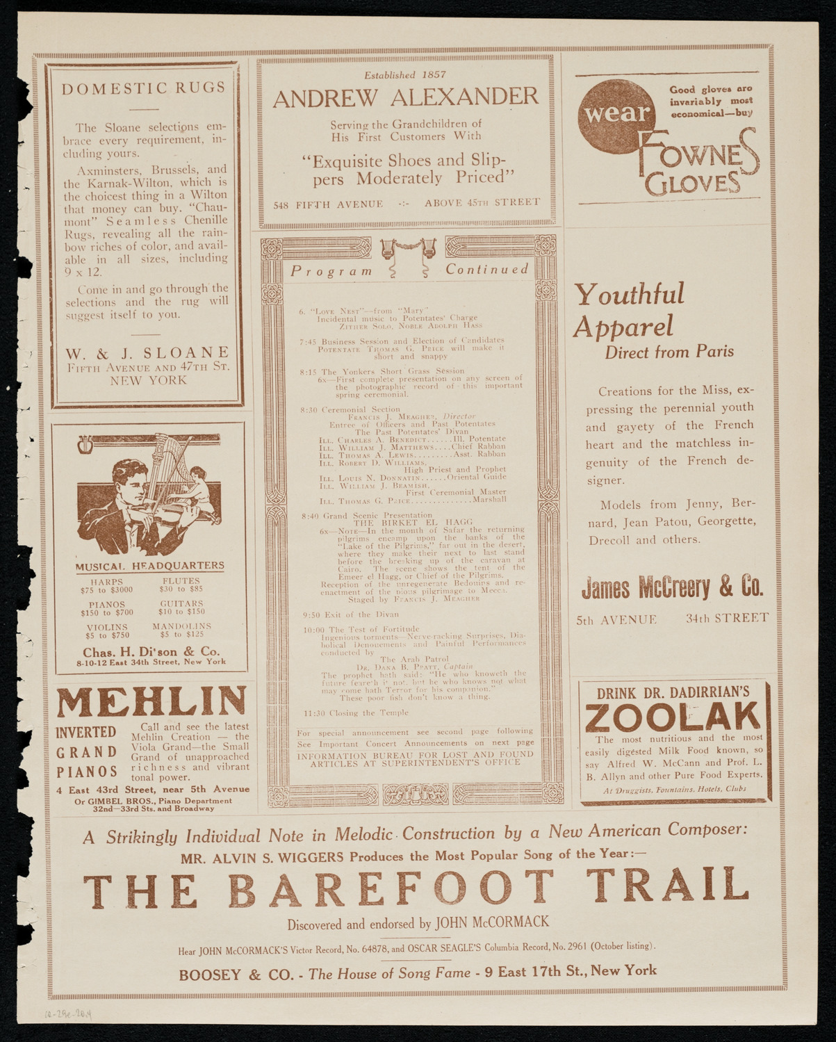 Mecca Temple of New York: Ancient Arabic Order of the Nobles of the Mystic Shrine, October 29, 1920, program page 7