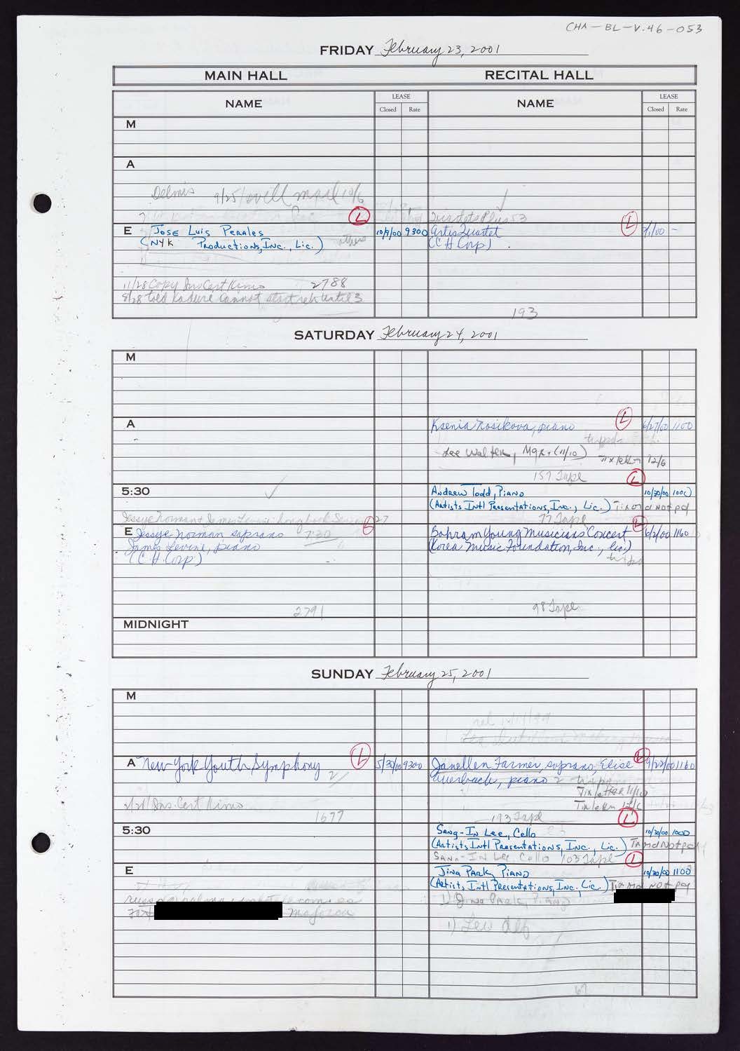 Carnegie Hall Booking Ledger, volume 46, page 53