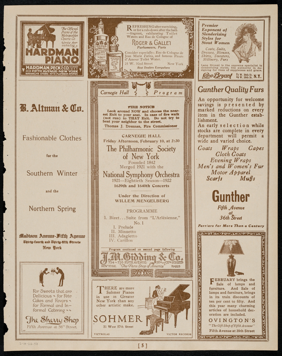 New York Philharmonic, February 10, 1922, program page 5