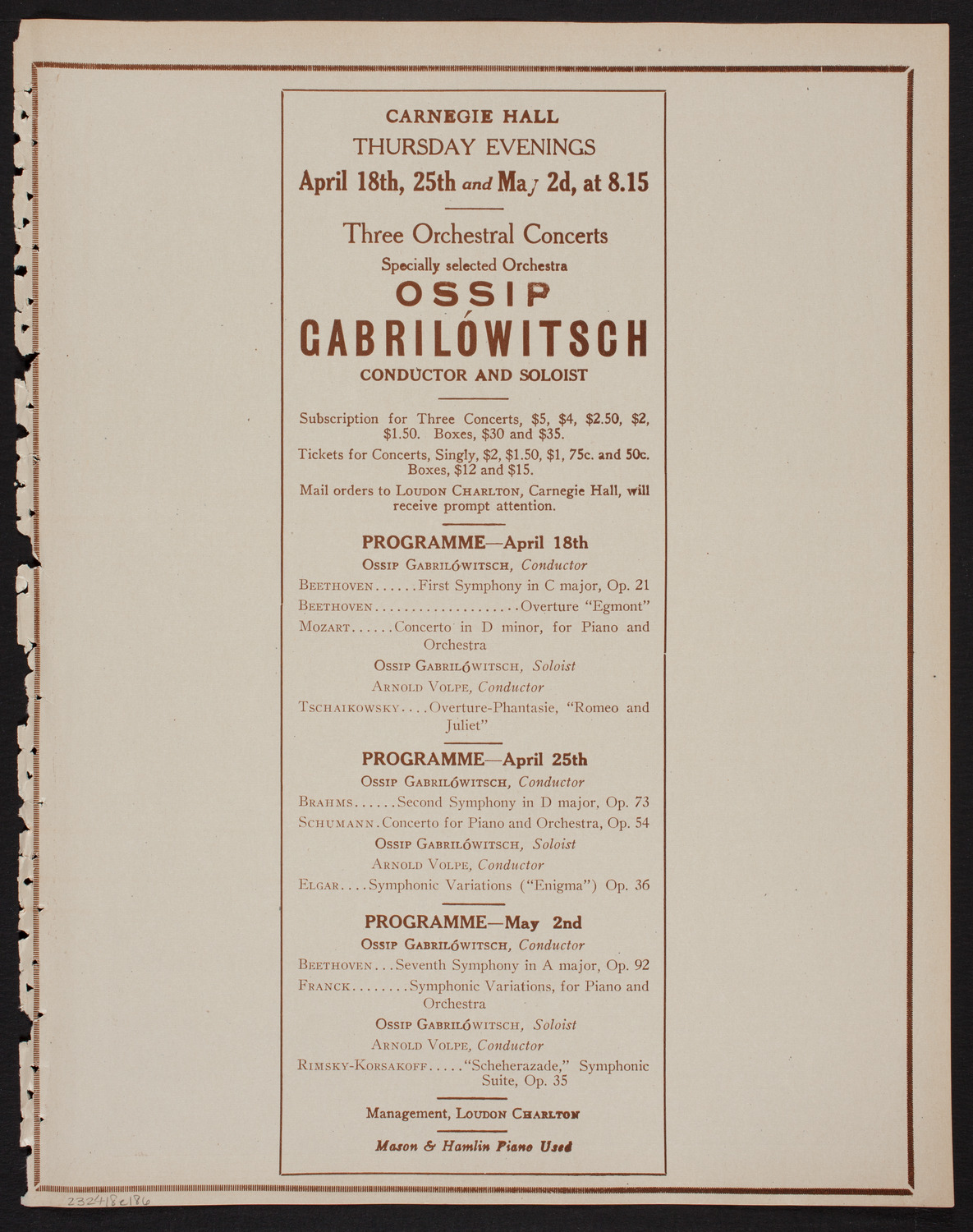 Ossip Gabrilowitsch Orchestral Concert, April 18, 1918, program page 11