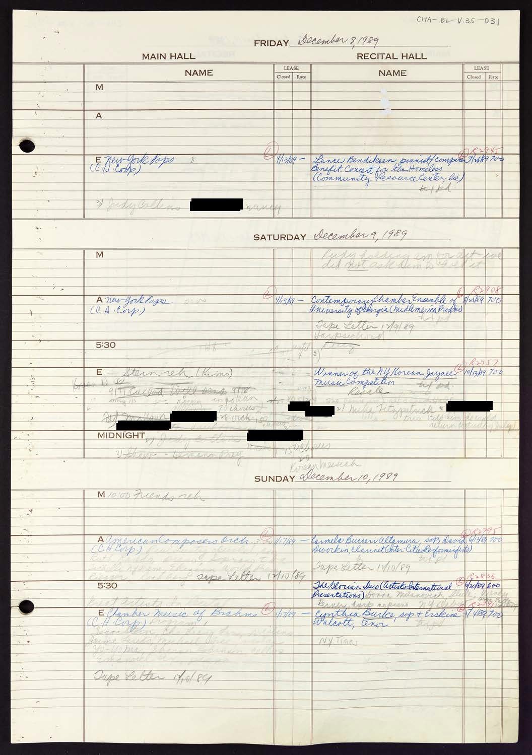 Carnegie Hall Booking Ledger, volume 35, page 31