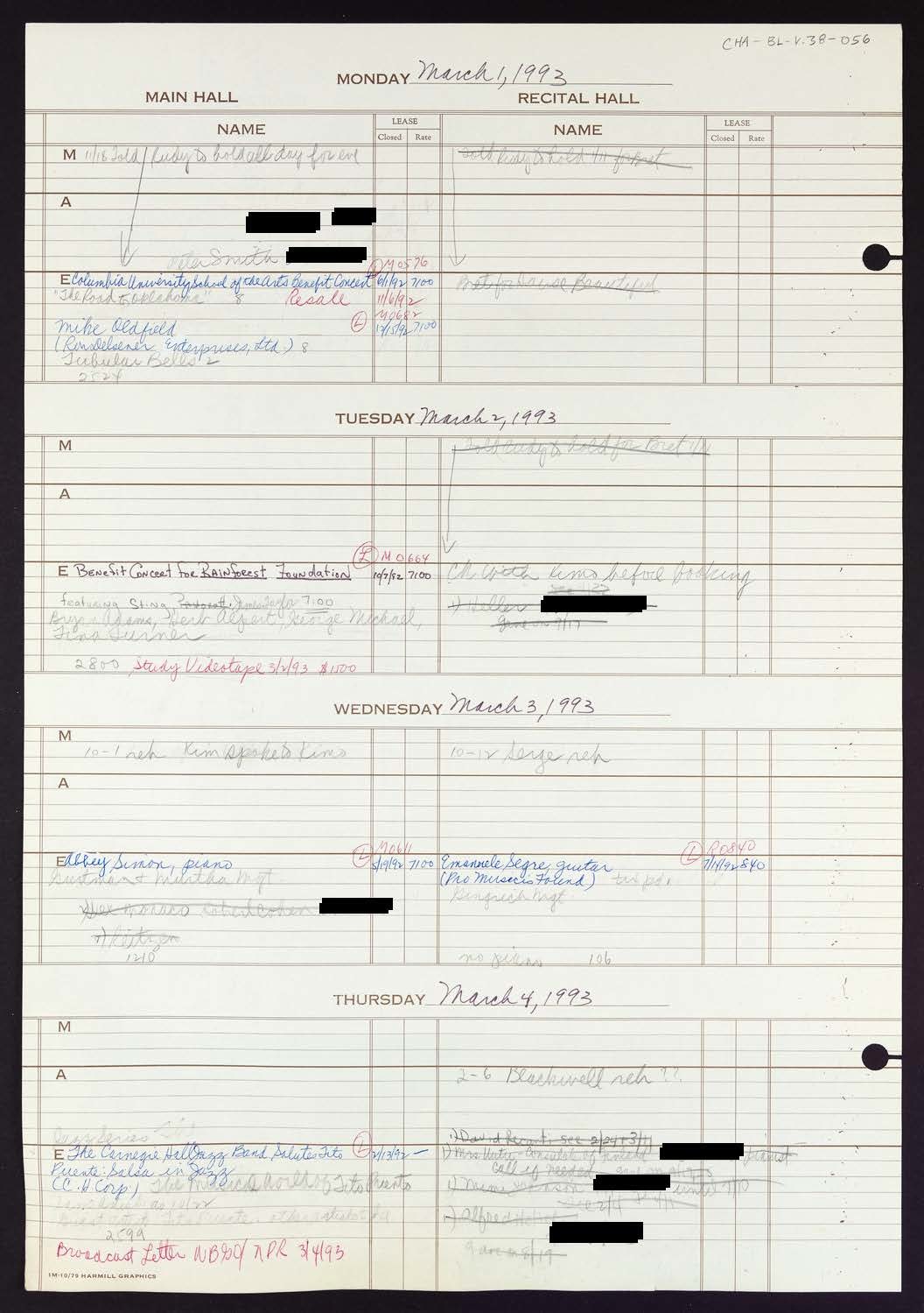 Carnegie Hall Booking Ledger, volume 38, page 56