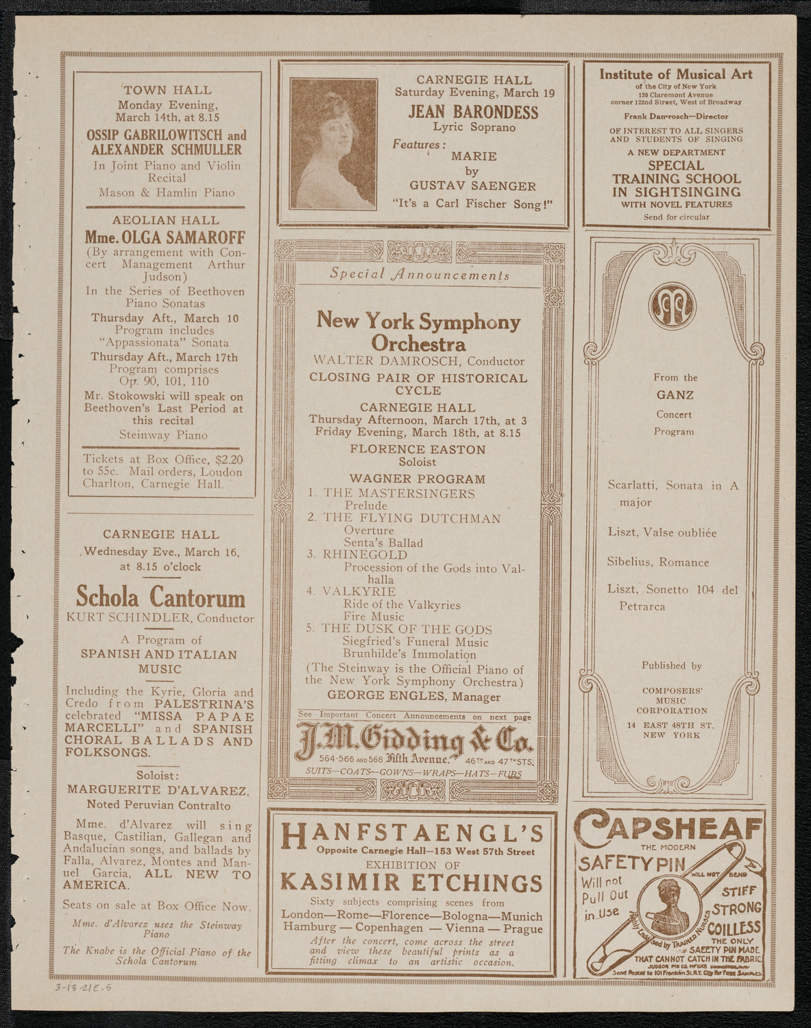 National Symphony Orchestra, March 13, 1921, program page 9