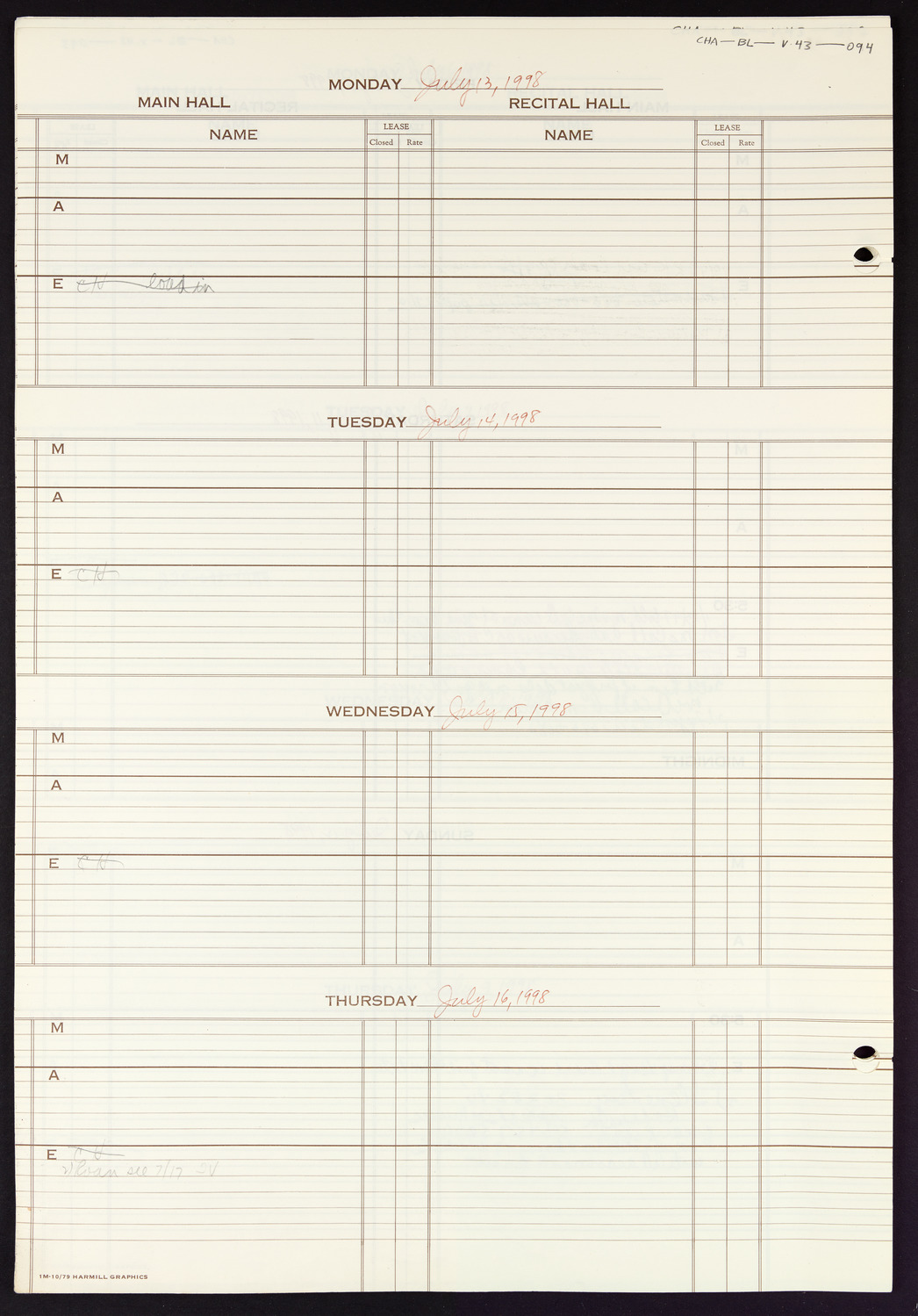 Carnegie Hall Booking Ledger, volume 43, page 94