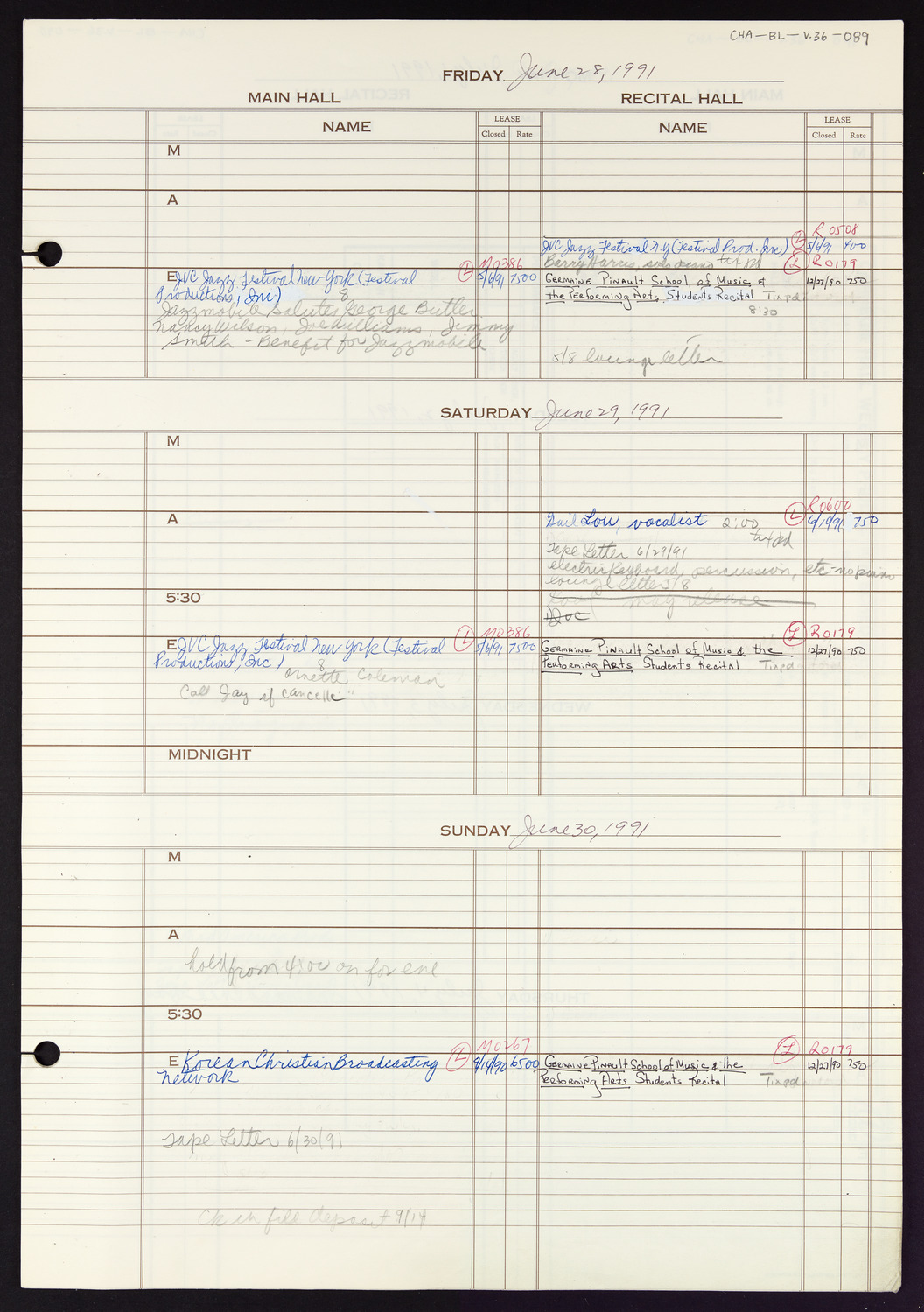 Carnegie Hall Booking Ledger, volume 36, page 89