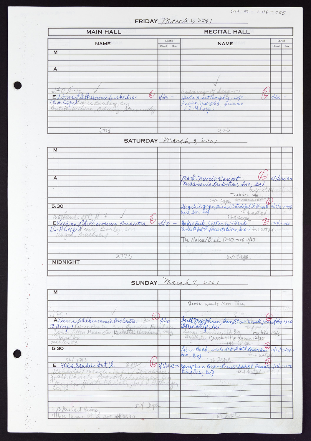 Carnegie Hall Booking Ledger, volume 46, page 55