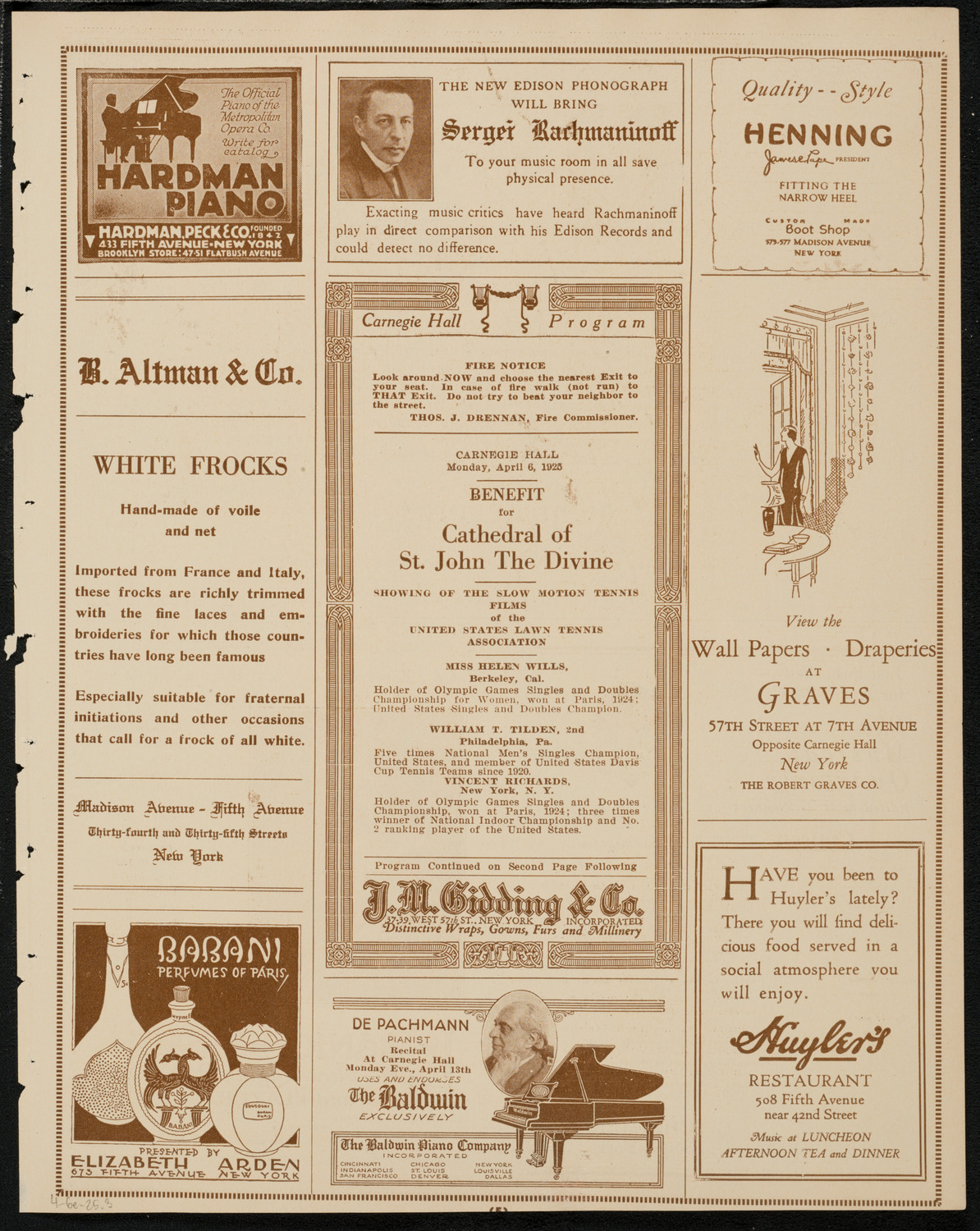 Benefit: Cathedral of St. John the Divine/ Film: U.S. Lawn Tennis Association, April 6, 1925, program page 5