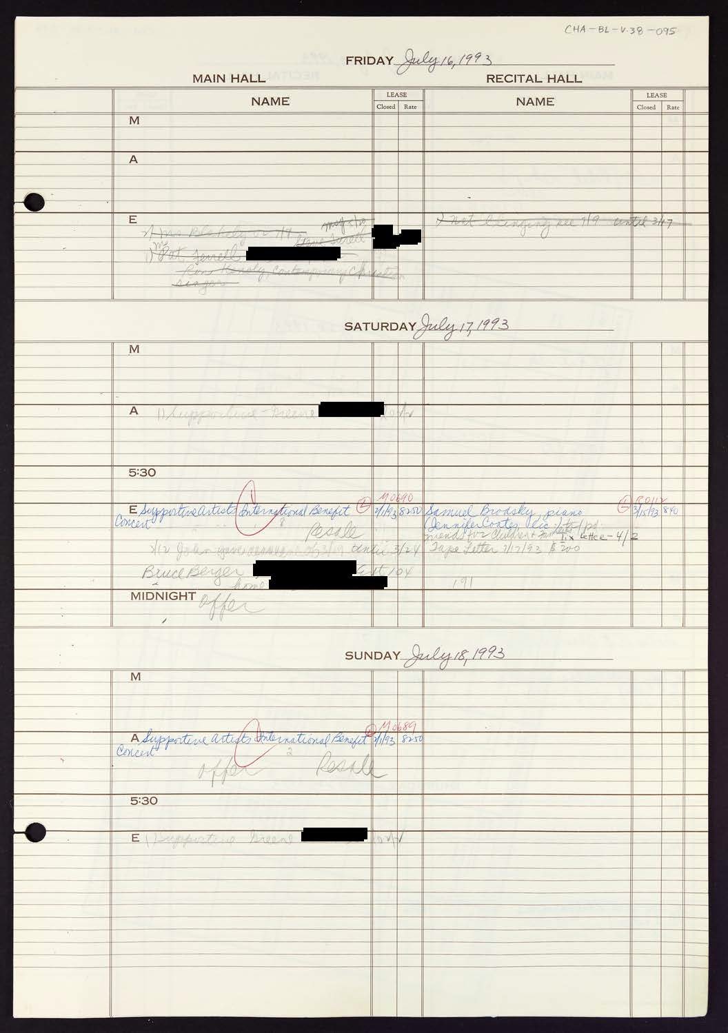 Carnegie Hall Booking Ledger, volume 38, page 95