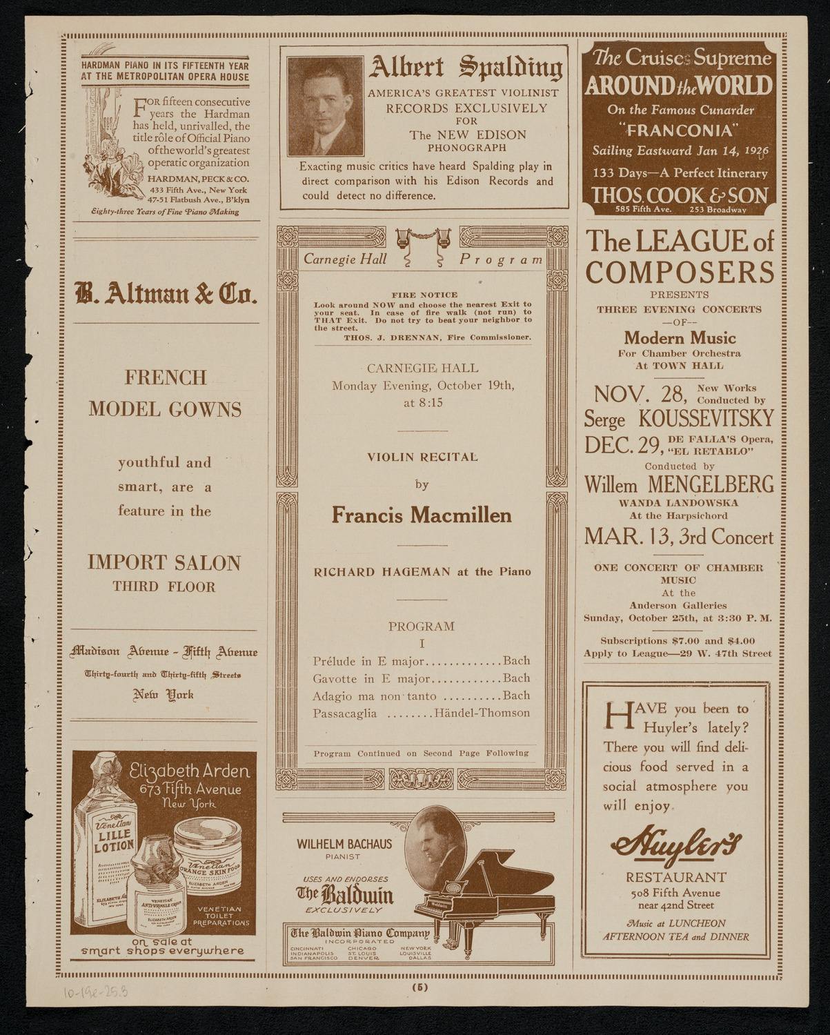 Francis MacMillen, Violin, October 19, 1925, program page 5