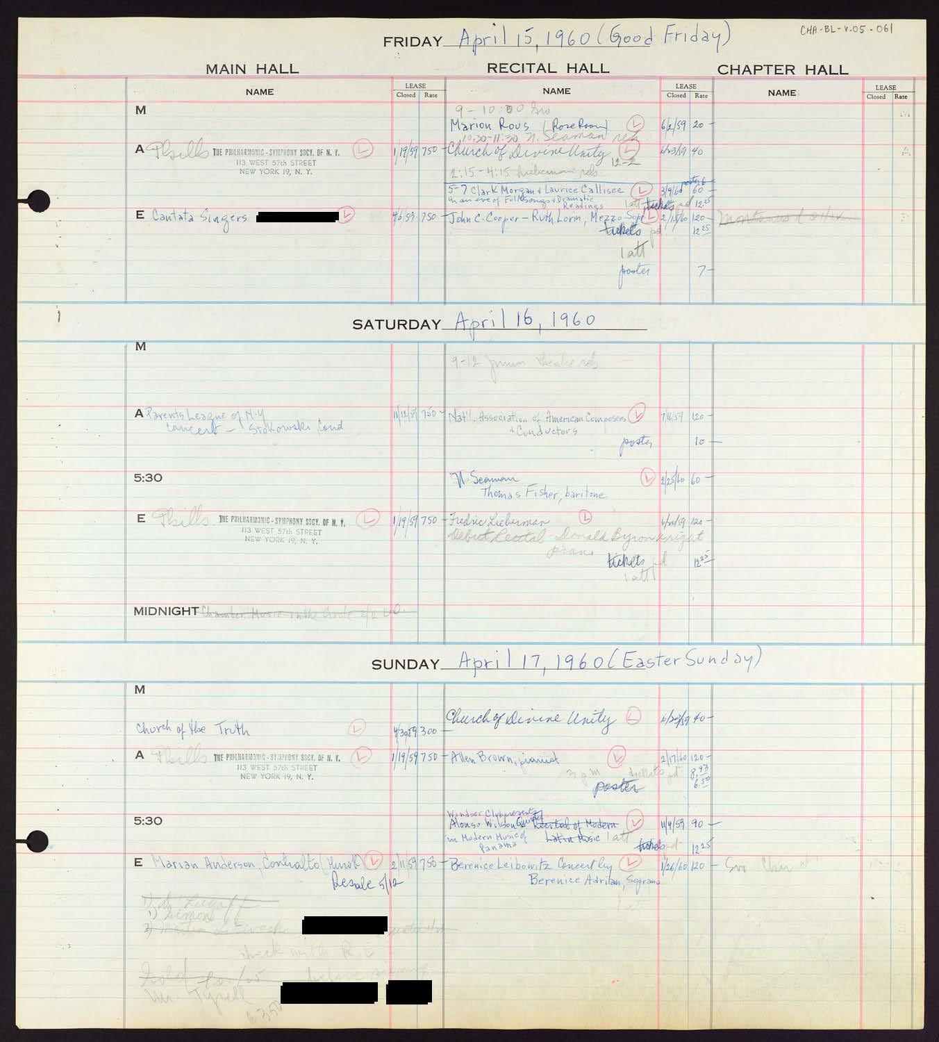 Carnegie Hall Booking Ledger, volume 5, page 61