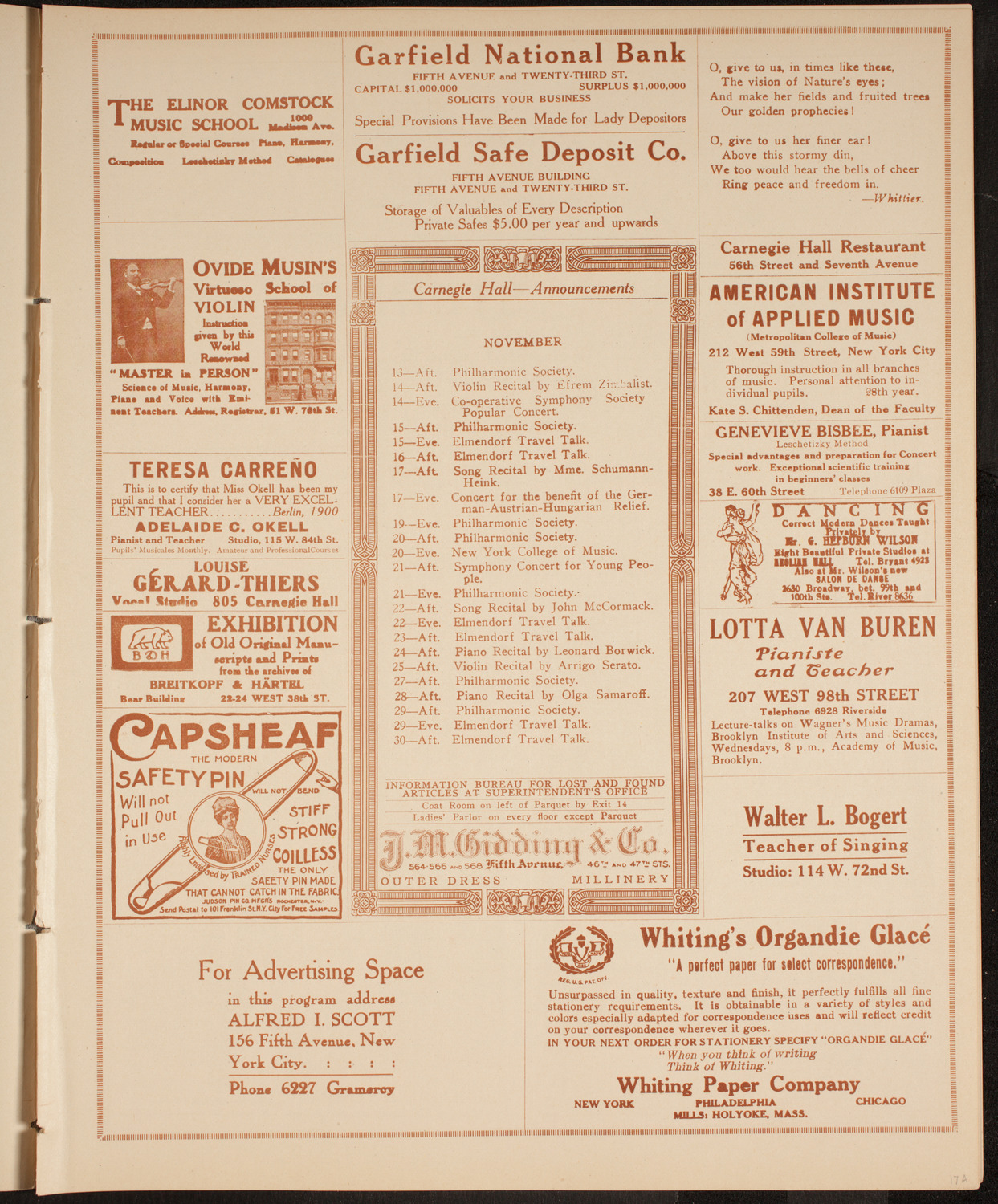 New York Philharmonic, November 12, 1914, program page 3