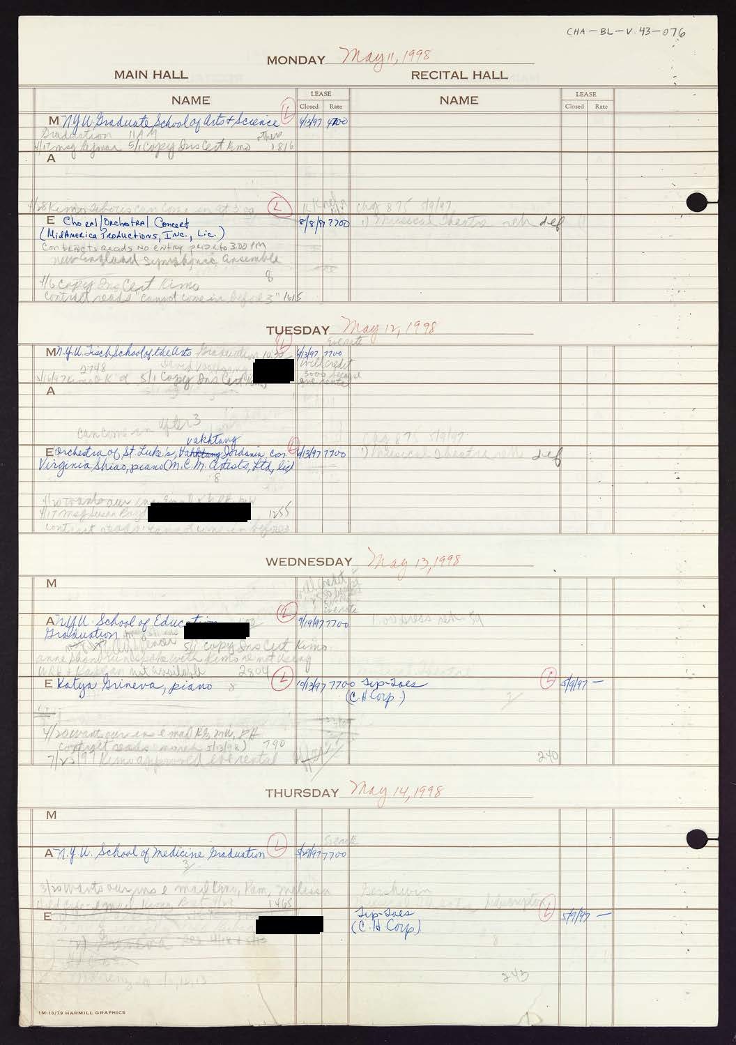 Carnegie Hall Booking Ledger, volume 43, page 76