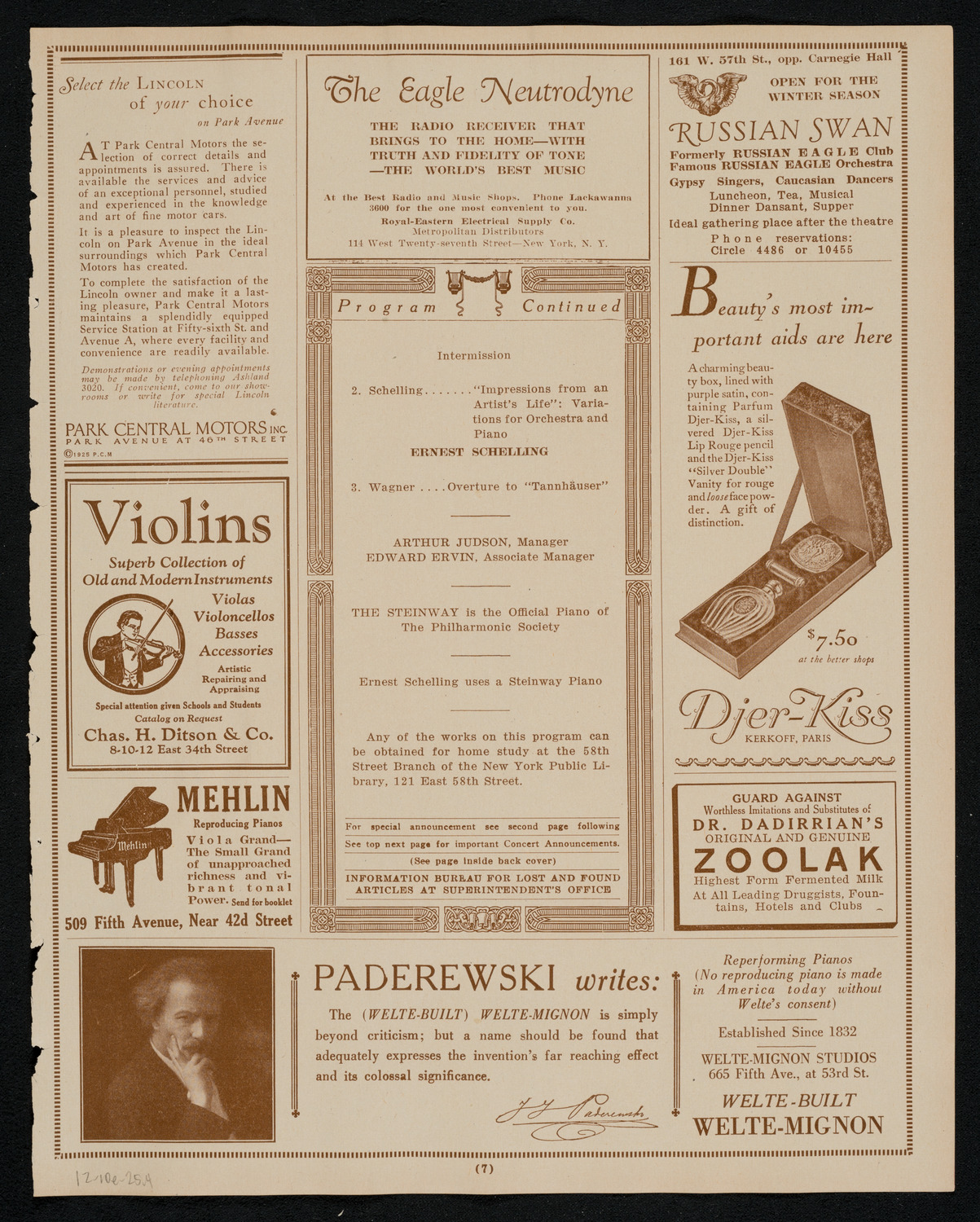 New York Philharmonic, December 10, 1925, program page 7