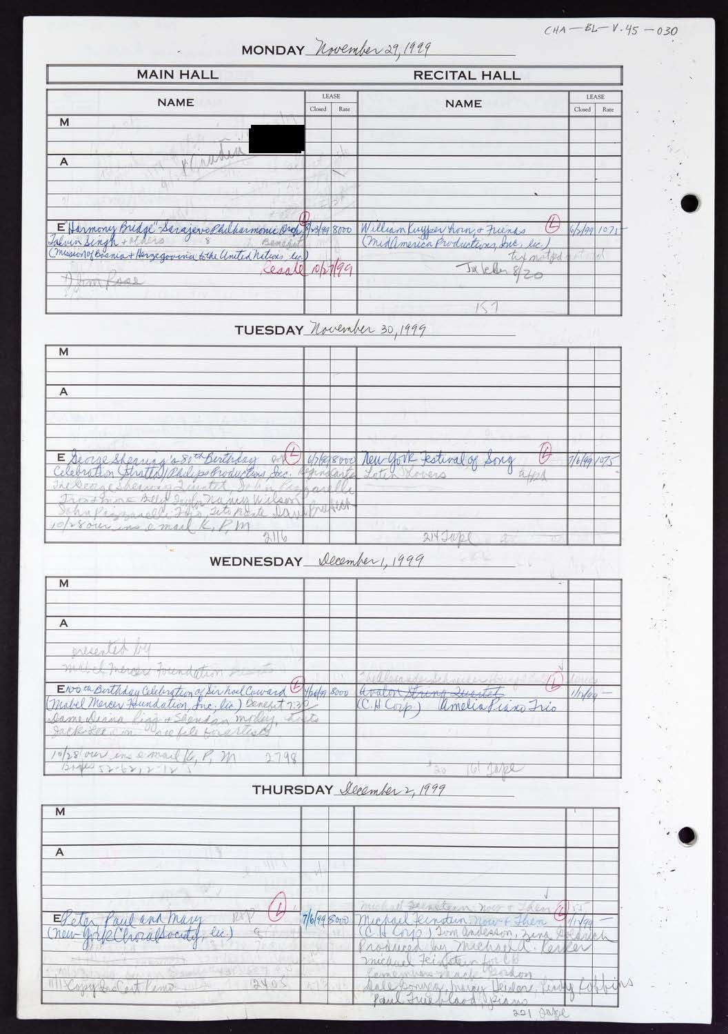 Carnegie Hall Booking Ledger, volume 45, page 30