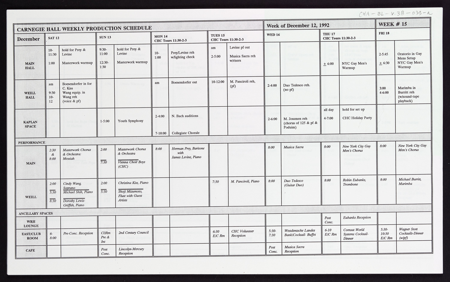 Carnegie Hall Booking Ledger, volume 38, page 33a