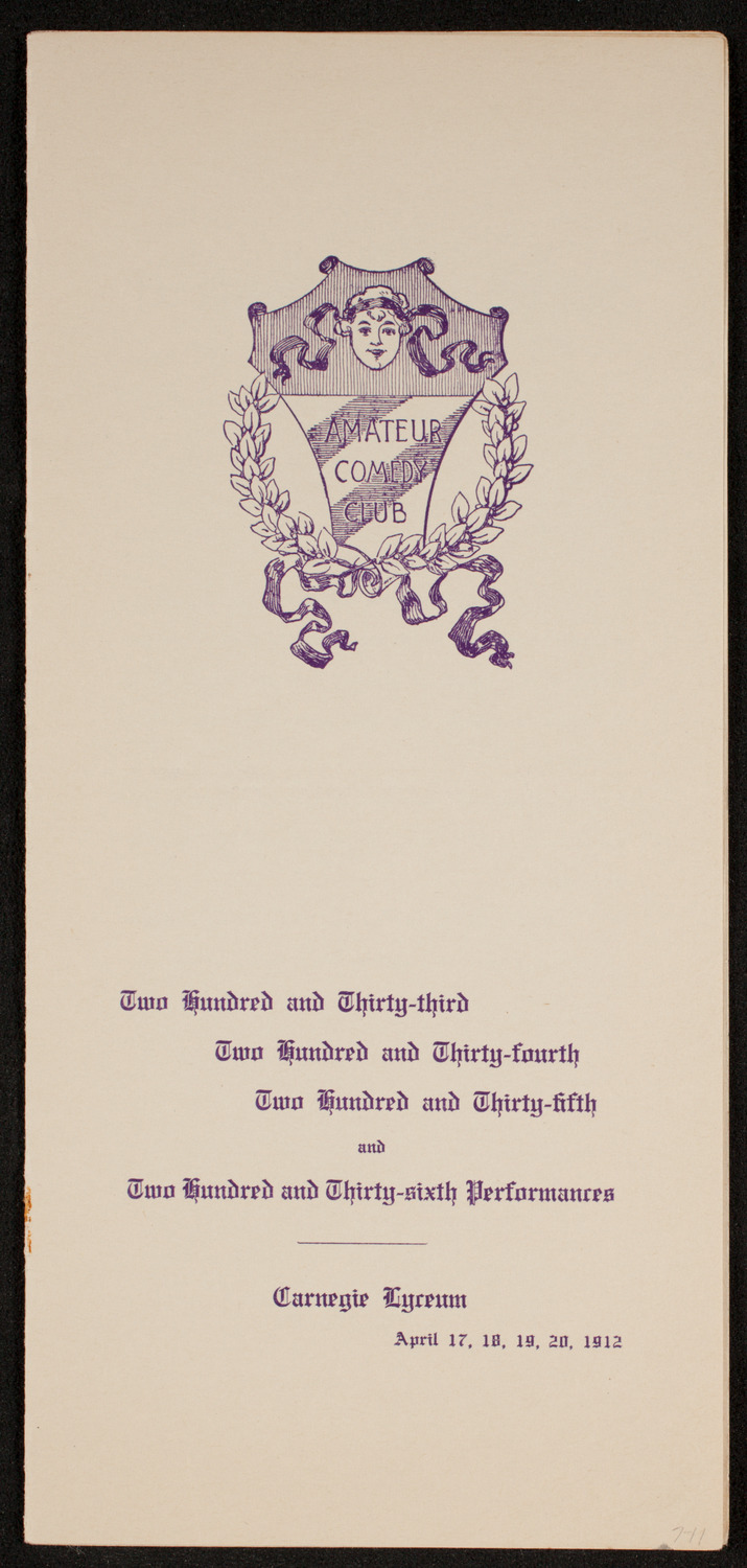 Amateur Comedy Club, April 17, 1912, program page 1