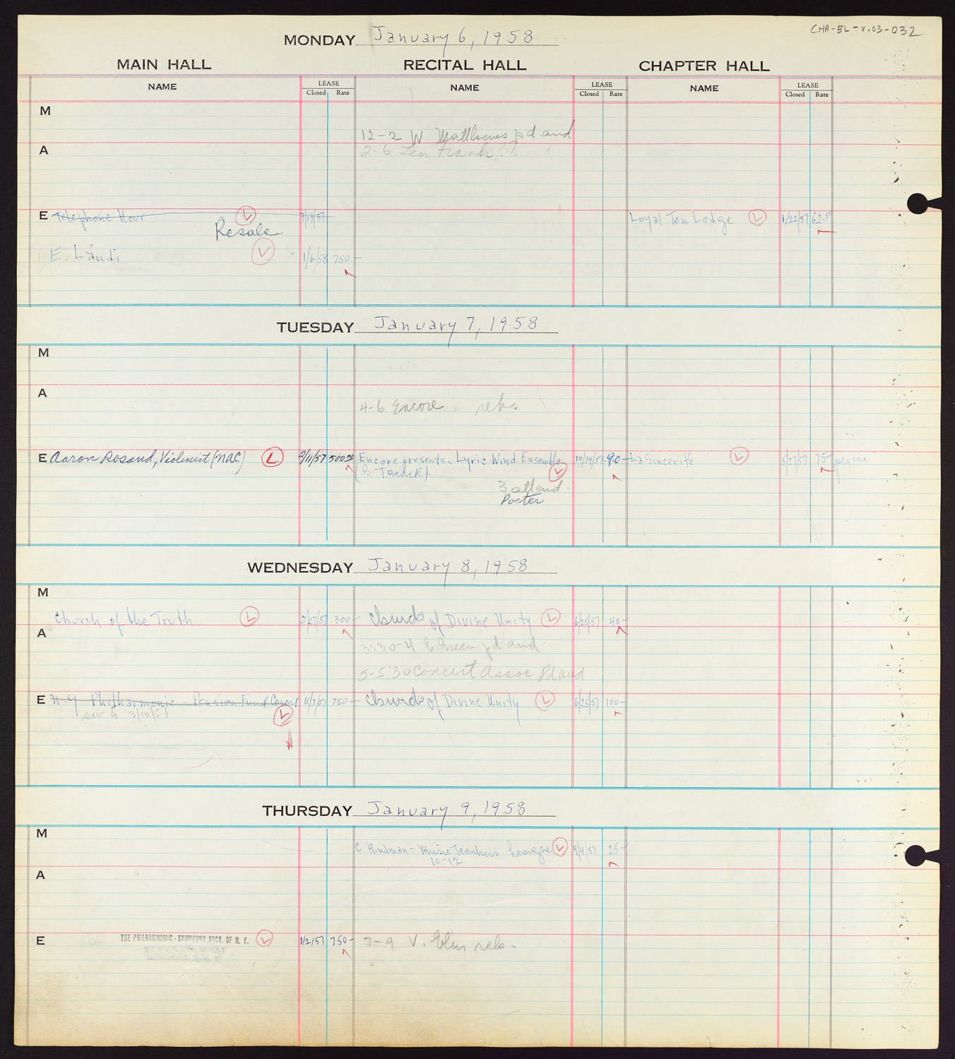 Carnegie Hall Booking Ledger, volume 3, page 32