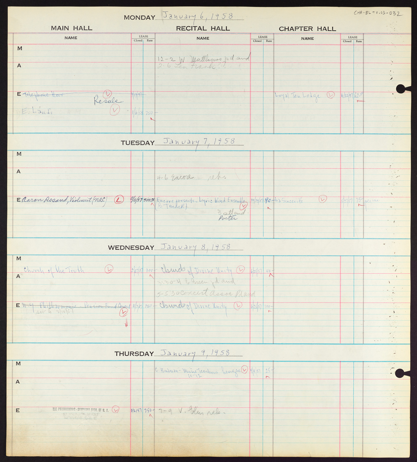 Carnegie Hall Booking Ledger, volume 3, page 32