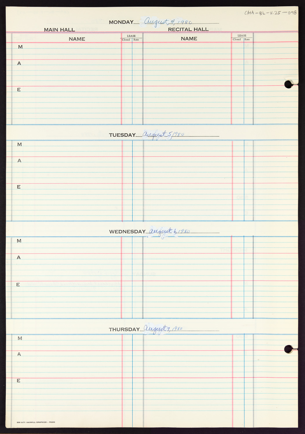 Carnegie Hall Booking Ledger, volume 25, page 98