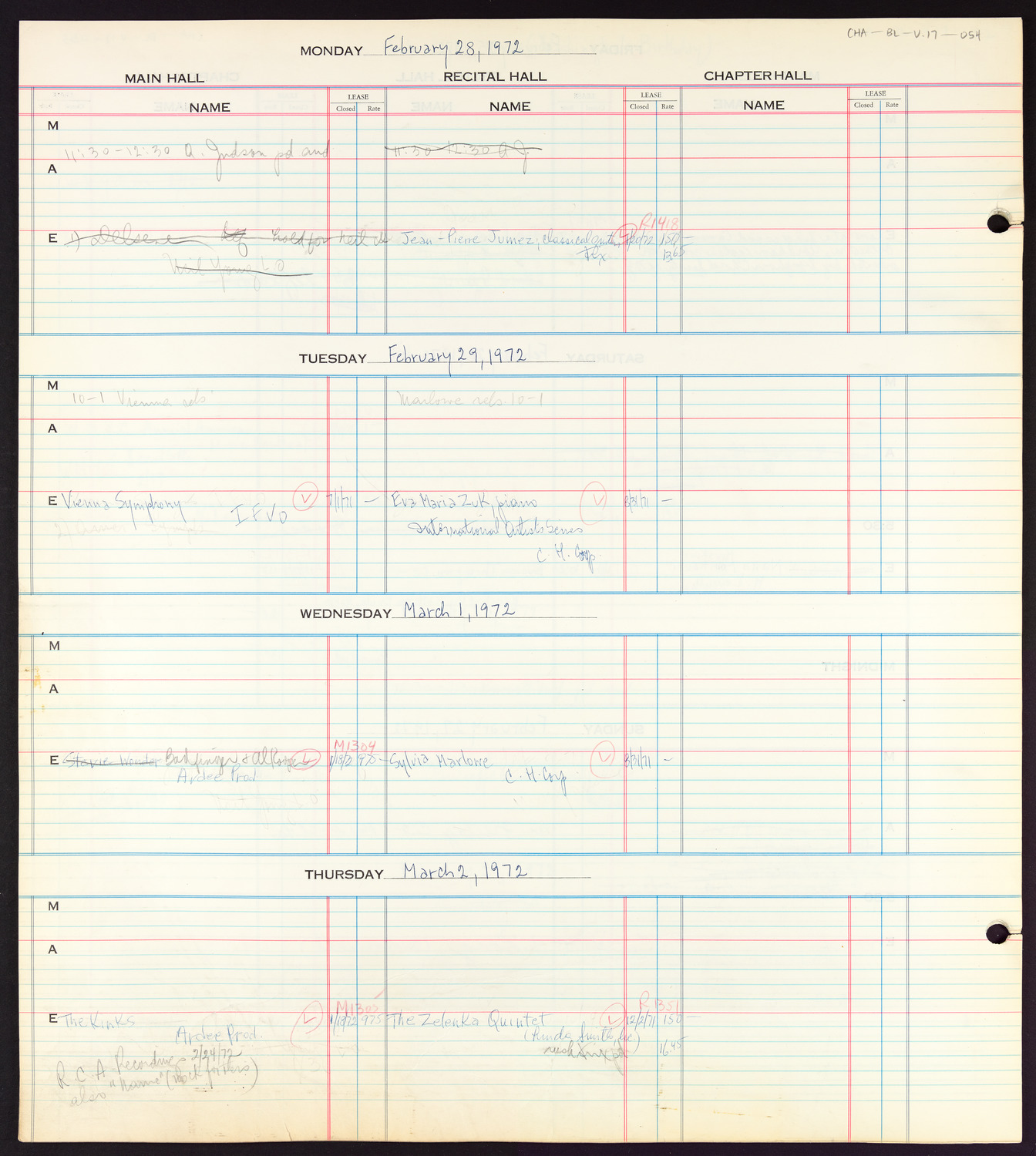 Carnegie Hall Booking Ledger, volume 17, page 54