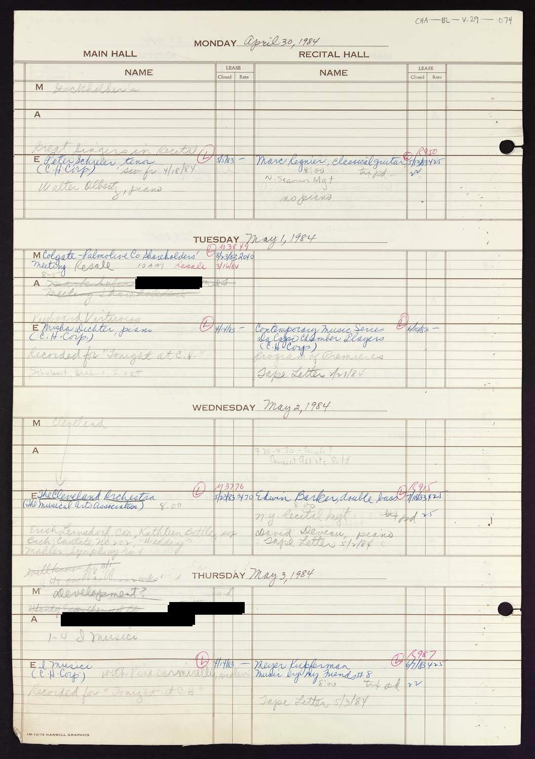 Carnegie Hall Booking Ledger, volume 29, page 74