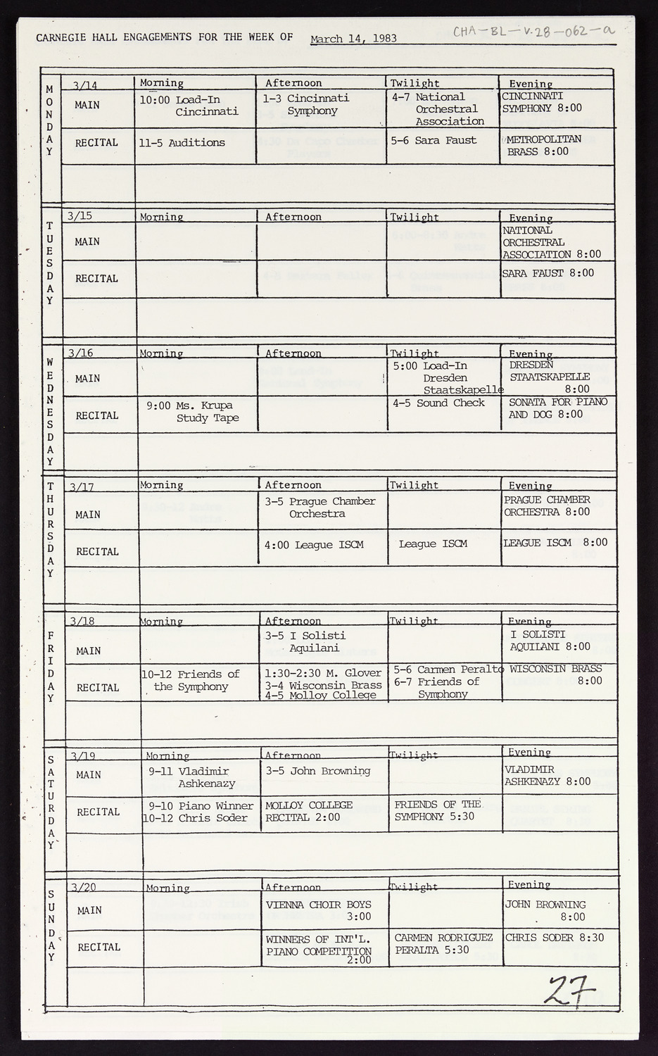 Carnegie Hall Booking Ledger, volume 28, page 62a