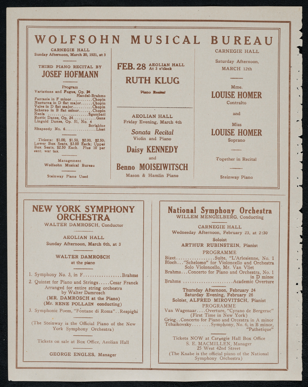 Benno Moiseiwitsch, Piano, February 22, 1921, program page 8