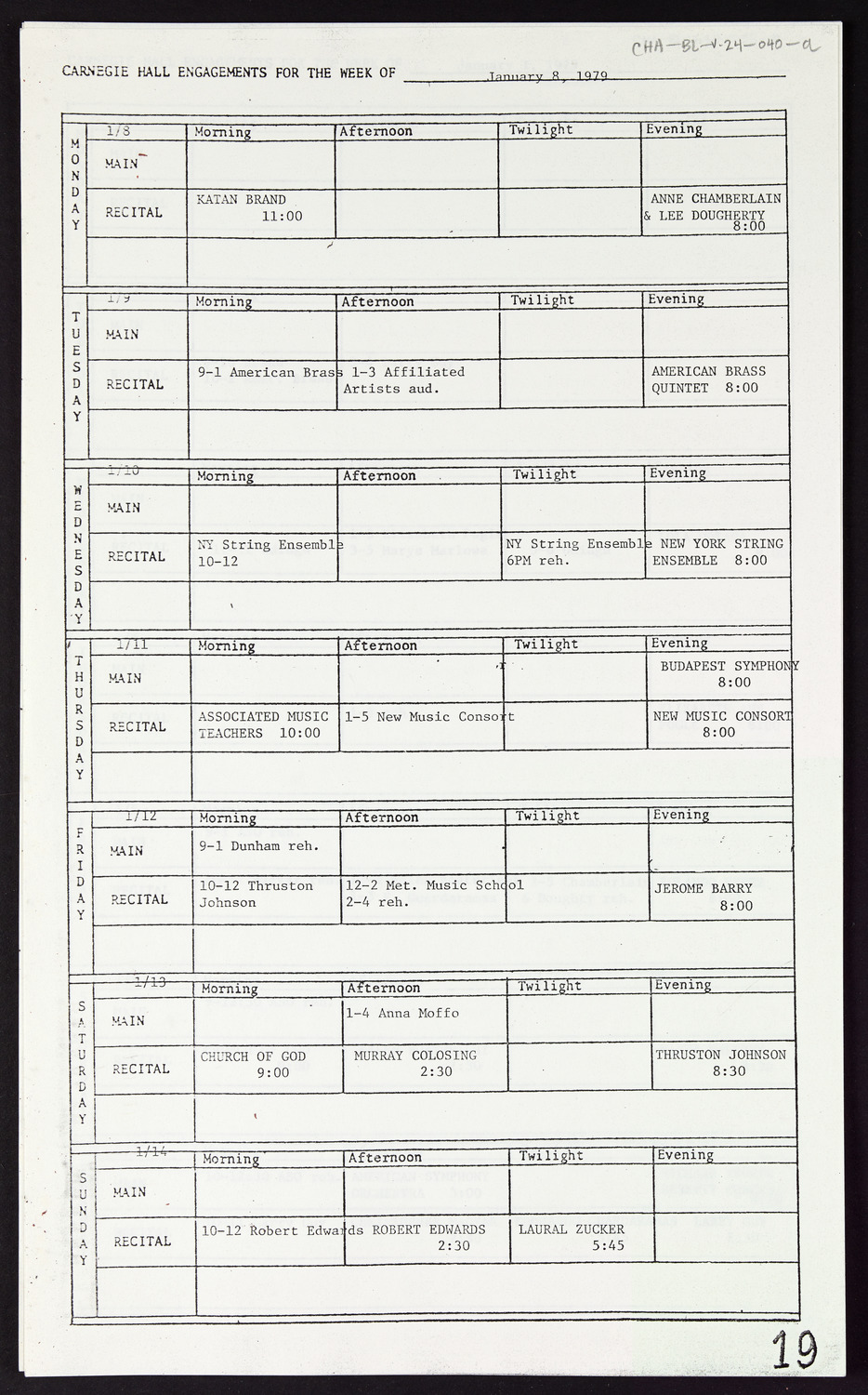 Carnegie Hall Booking Ledger, volume 24, page 40a