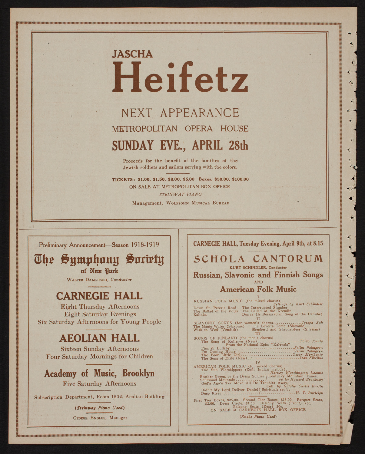 Jascha Heifetz, Violin, April 6, 1918, program page 8