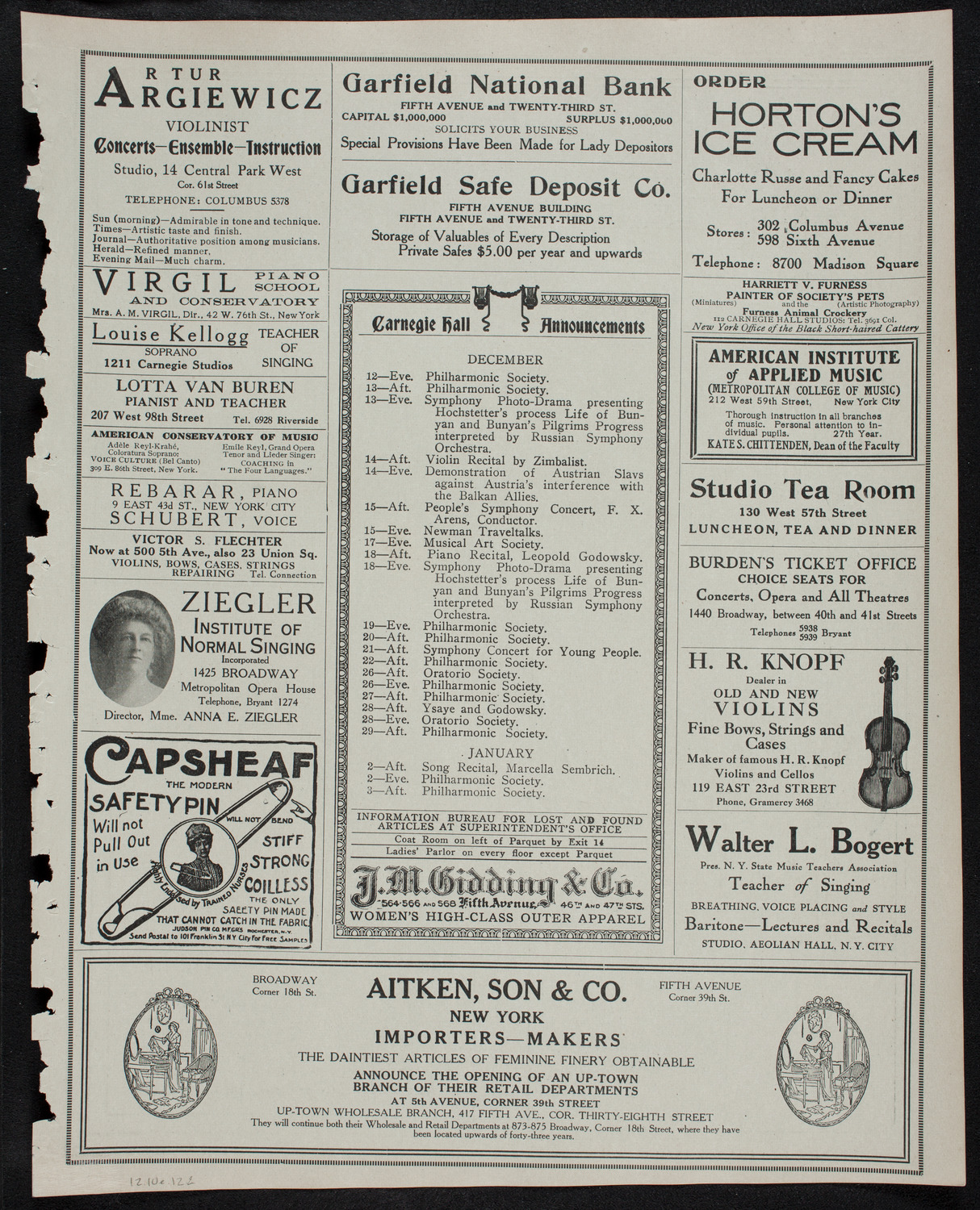 New York Banks' Glee Club, December 10, 1912, program page 3