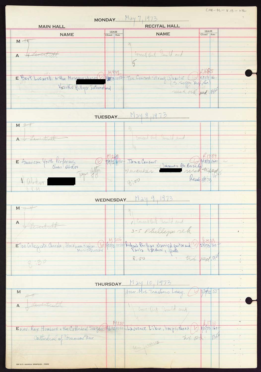 Carnegie Hall Booking Ledger, volume 18, page 72