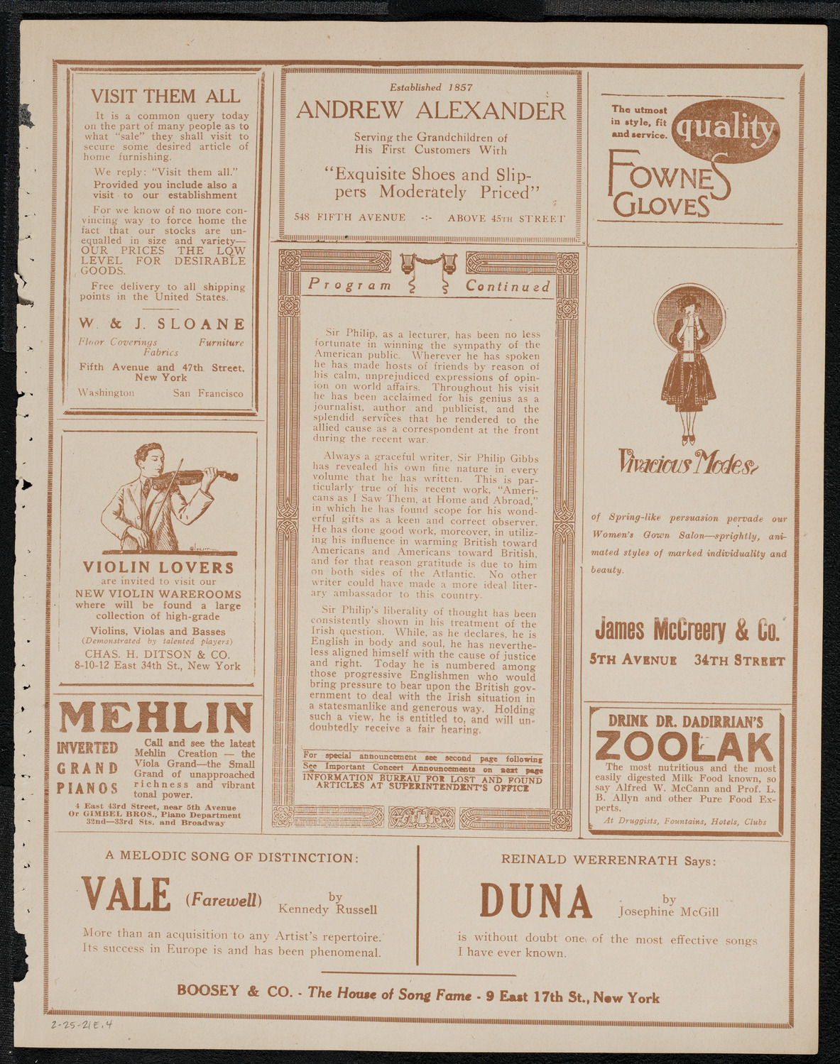 Lecture by Sir Philip Gibbs, February 25, 1921, program page 7