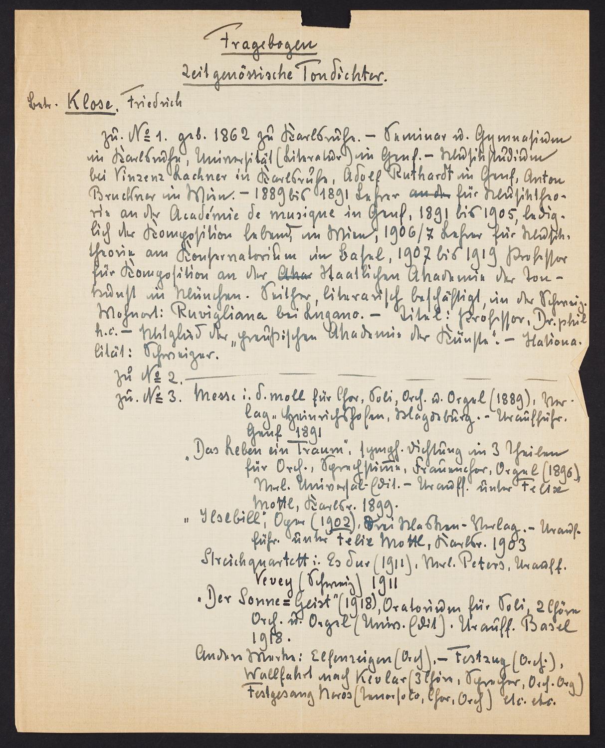 Correspondence from Friedrich Klose to David Ewen, page 1 of 2