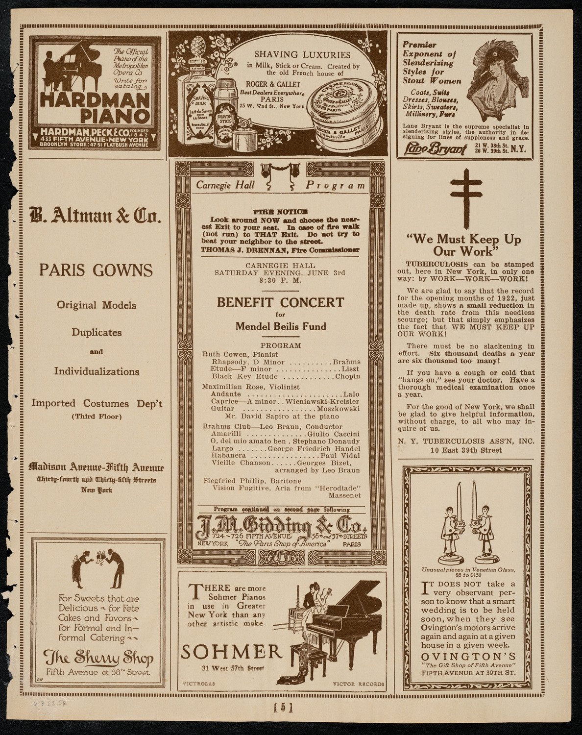 Benefit: Mendel Beilis Fund, June 3, 1922, program page 5