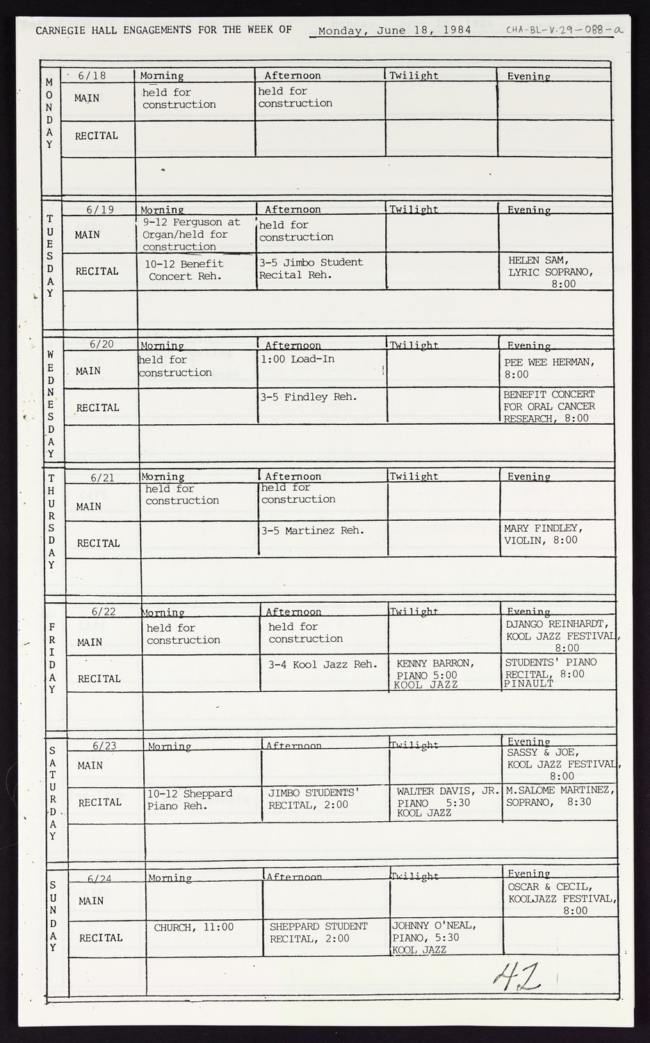 Carnegie Hall Booking Ledger, volume 29, page 88a